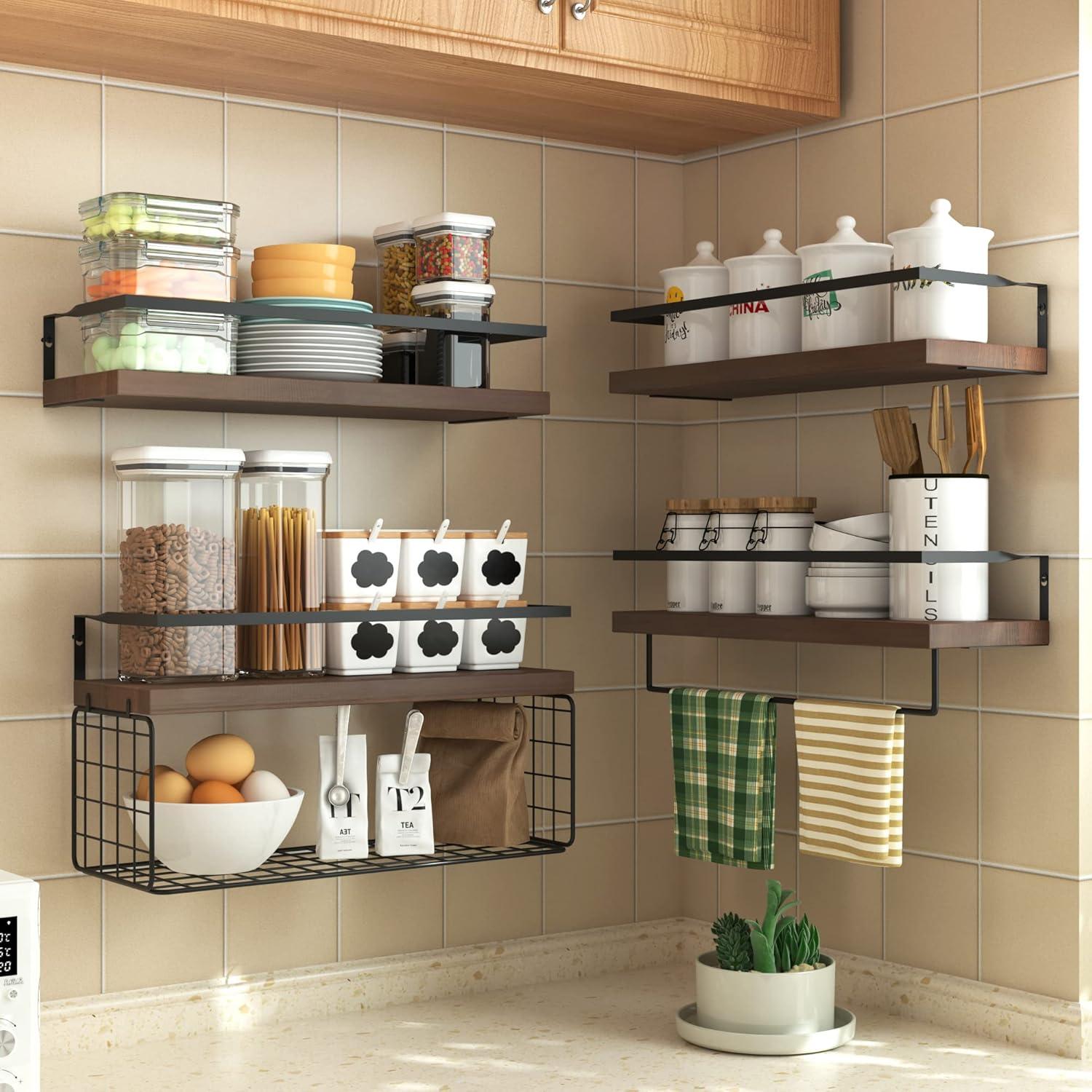 Estantes Flotantes de Madera LUDORU - Juego de 4 con Canasta