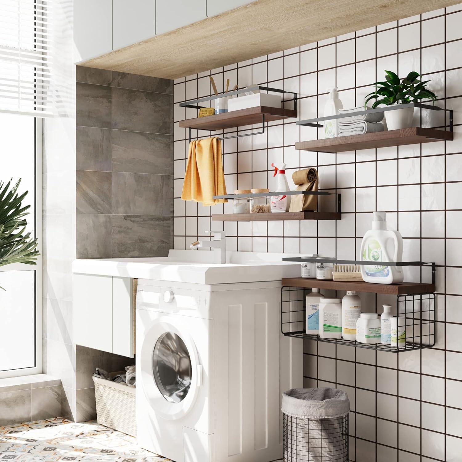 Estantes Flotantes de Madera LUDORU - Juego de 4 con Canasta