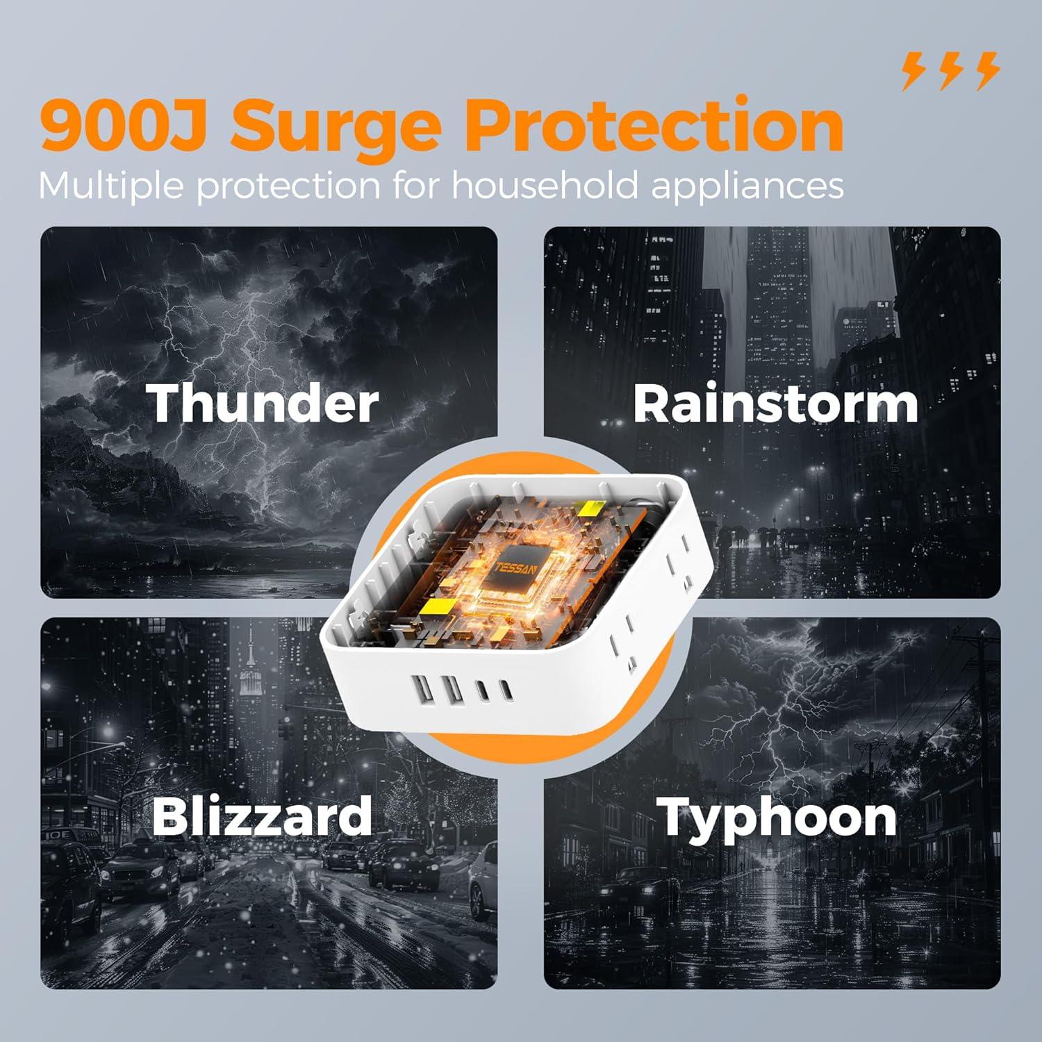 Regleta de Protección TESSAN 8 Enchufes AC y 4 USB C 1.52m