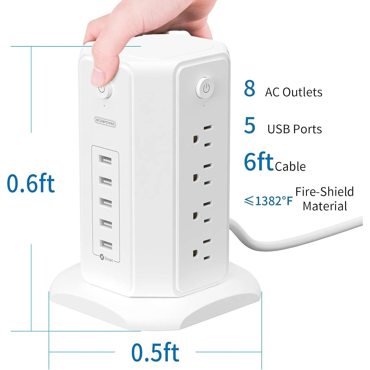 Regleta de Torre NTONPOWER 8 Salidas 5 USB 1625W 1.83m