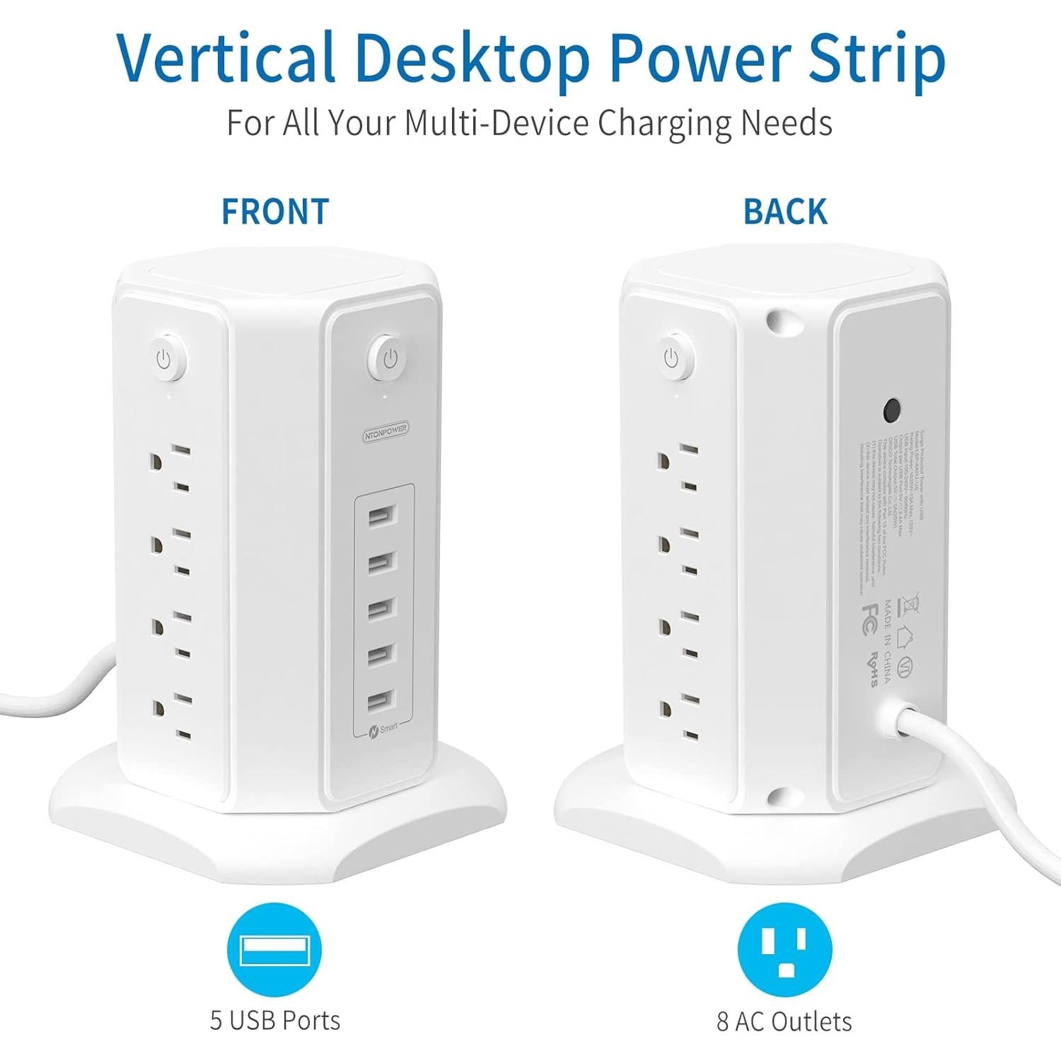 Regleta de Torre NTONPOWER 8 Salidas 5 USB 1625W 1.83m