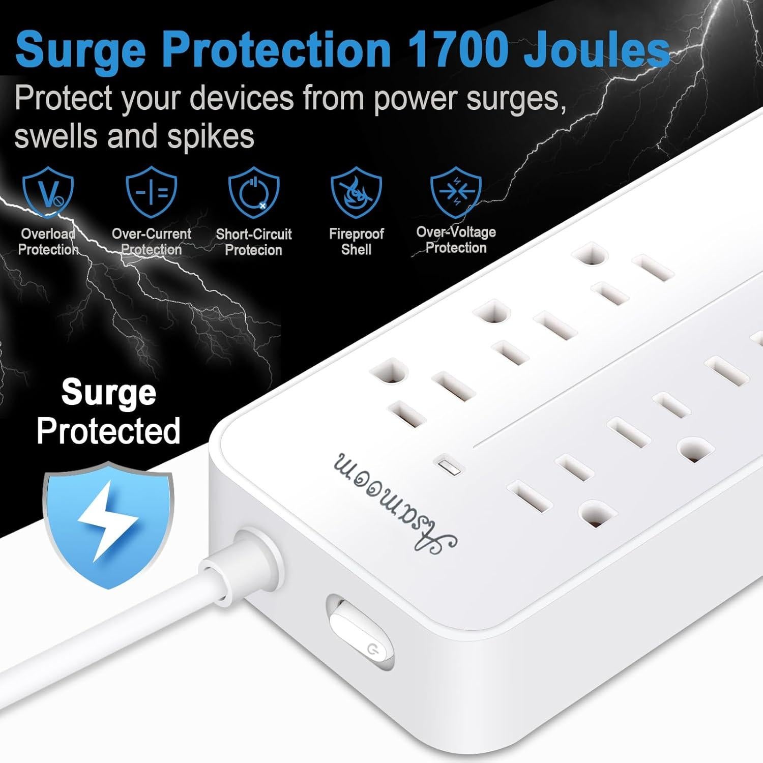 Regleta de Protección Asamoom 20FT 12 en 1 con USB-C y 8 Salidas