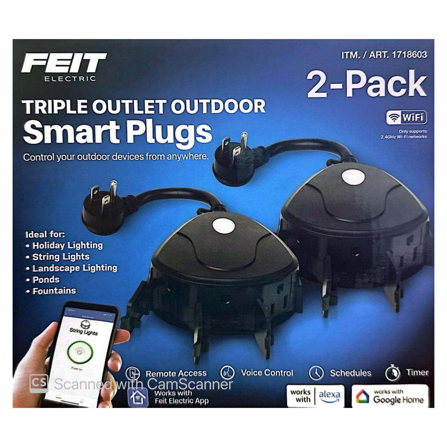 Enchufes Inteligentes Exteriores Triples Feit Electric - Paquete de 2, WiFi, Control por Voz, Compatible con Alexa y Google Home