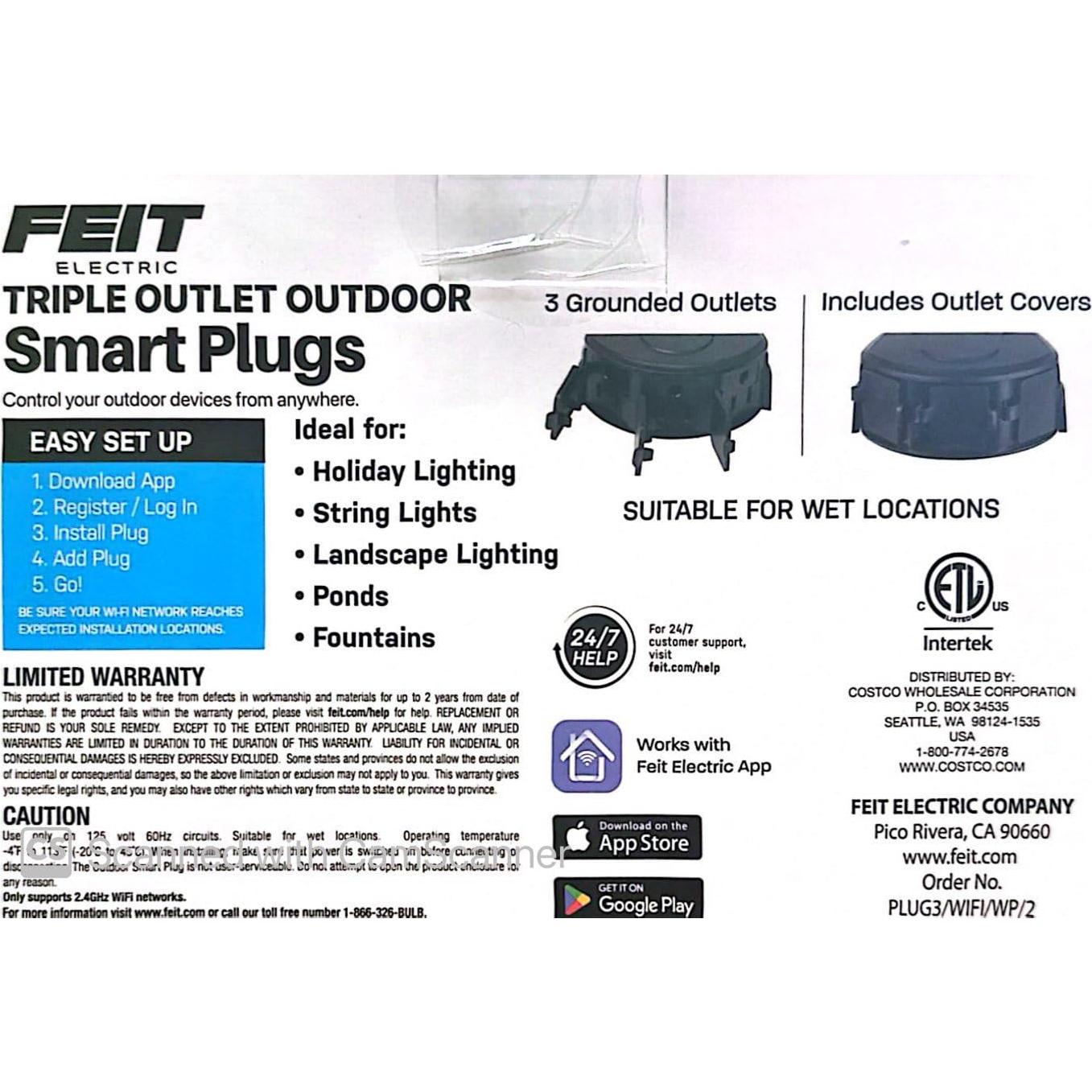 Enchufes Inteligentes Exteriores Triples Feit Electric - Paquete de 2, WiFi, Control por Voz, Compatible con Alexa y Google Home