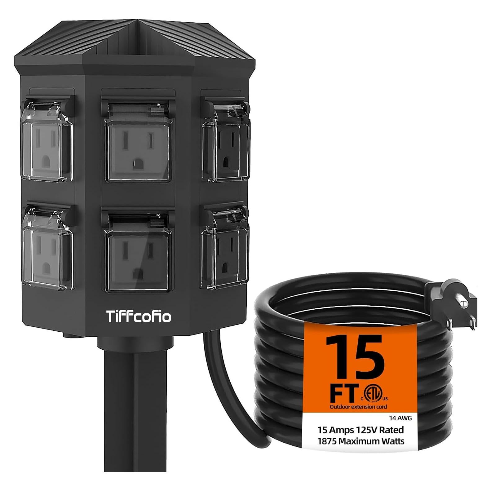 Regleta de Poder Exterior Tiffcofio 6 Salidas 4.57m a Prueba de Agua