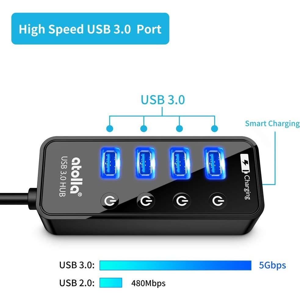 Hub USB 3.0 Atolla de 4 Puertos con Carga Inteligente