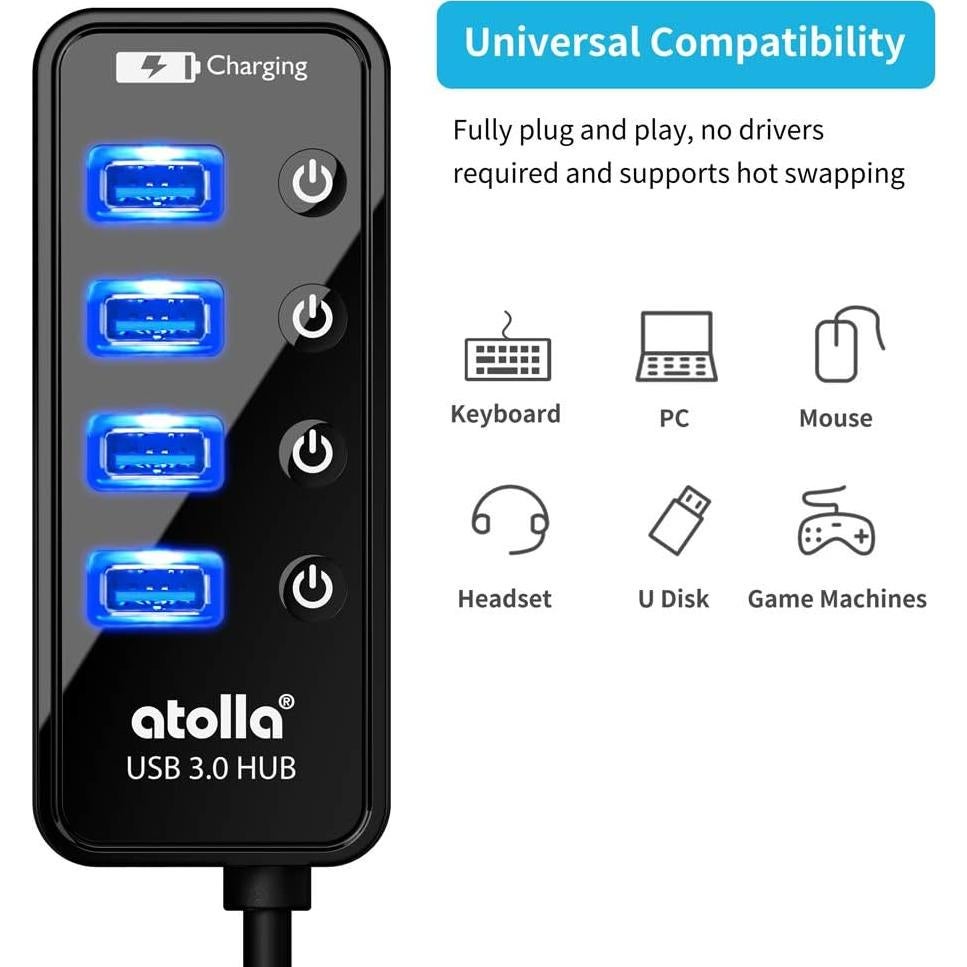 Hub USB 3.0 Atolla de 4 Puertos con Carga Inteligente