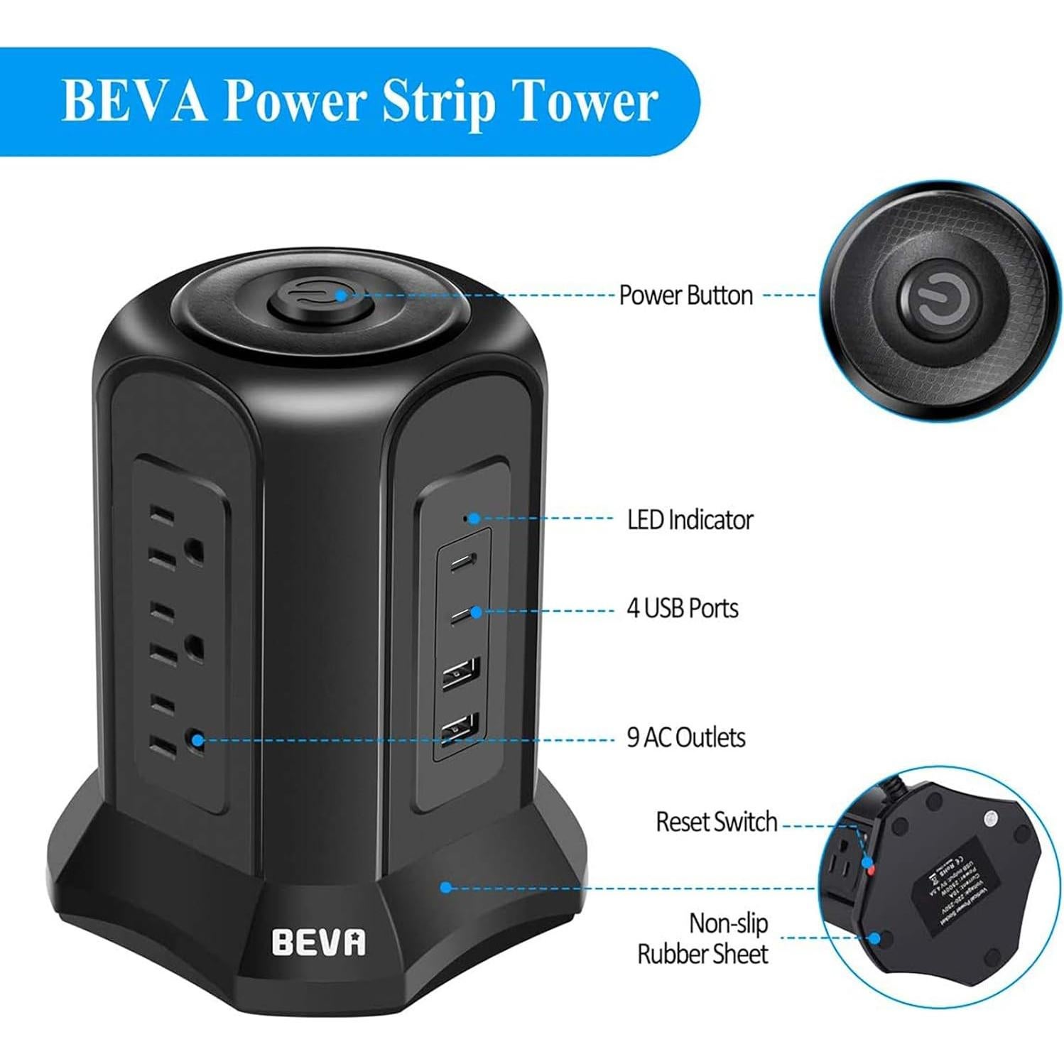 Regleta de Protección BEVA 10ft con 9 Salidas AC y 4 USB