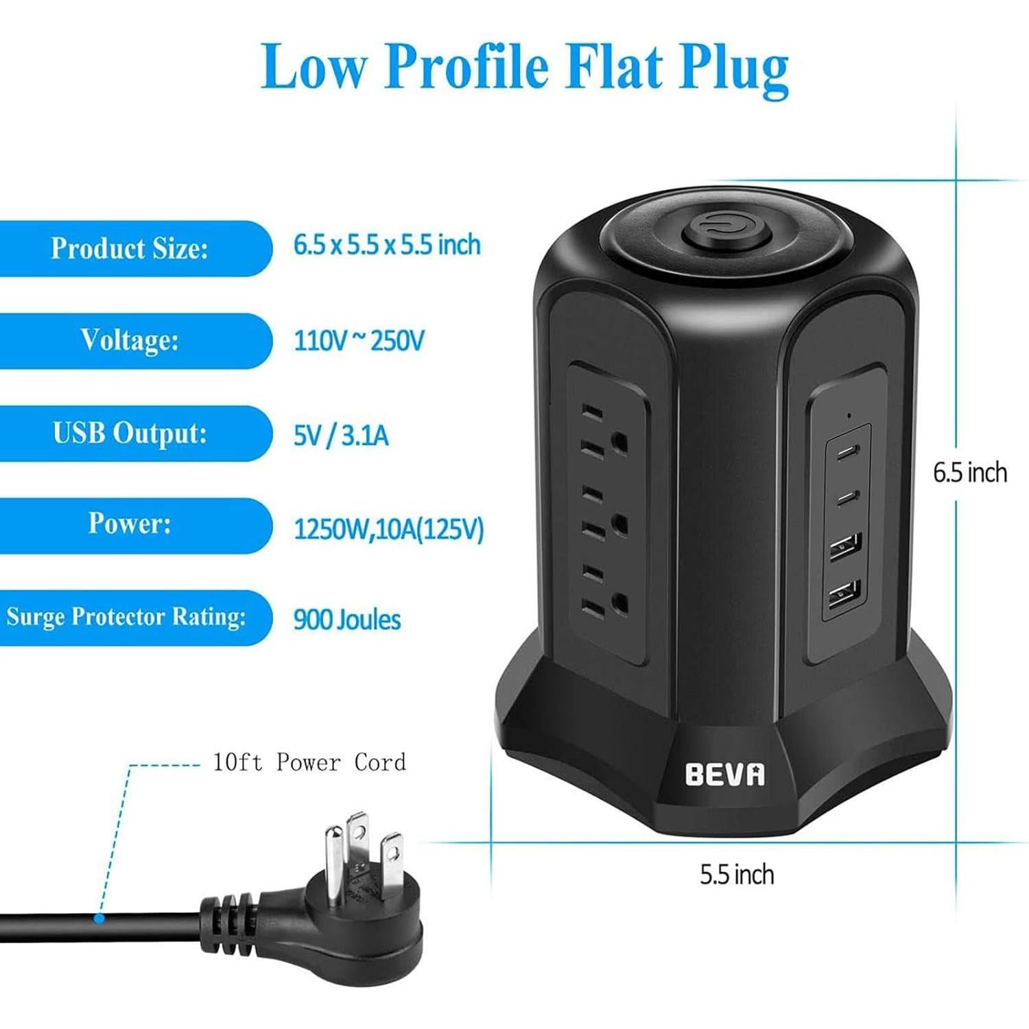 Regleta de Protección BEVA 10ft con 9 Salidas AC y 4 USB