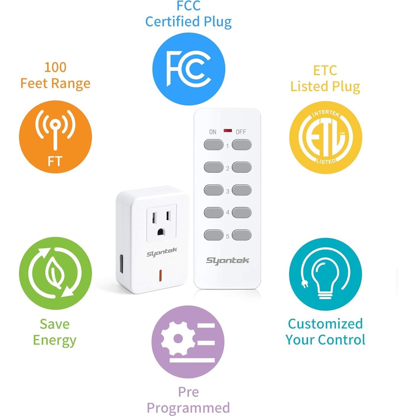 Interruptor de Luz Inalámbrico Syantek 5 Salidas + 2 Remotos