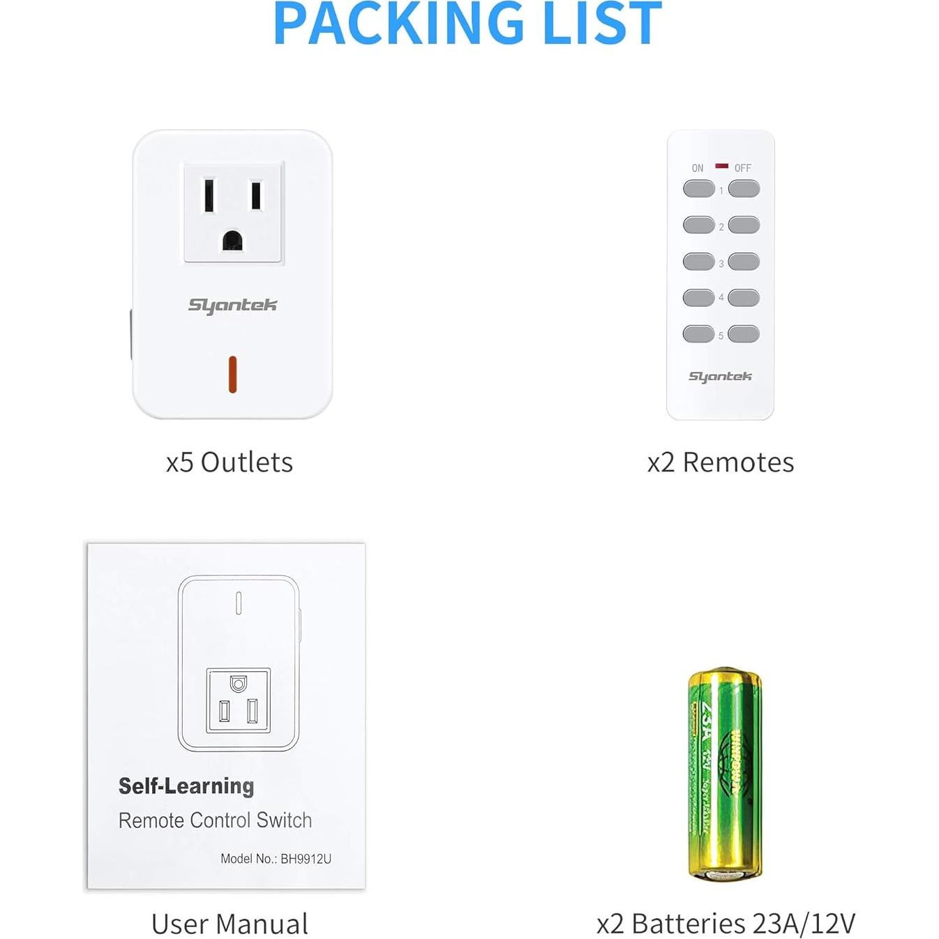Interruptor de Luz Inalámbrico Syantek 5 Salidas + 2 Remotos