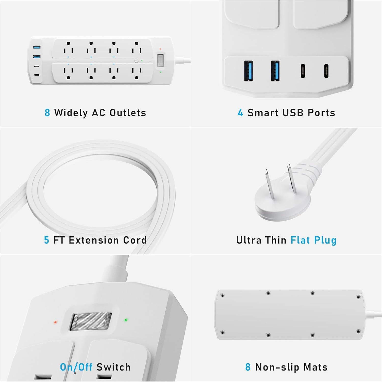 Regleta de Enchufes Inteligente Yozisital 2 Clavijas 8 Enchufes 4 USB