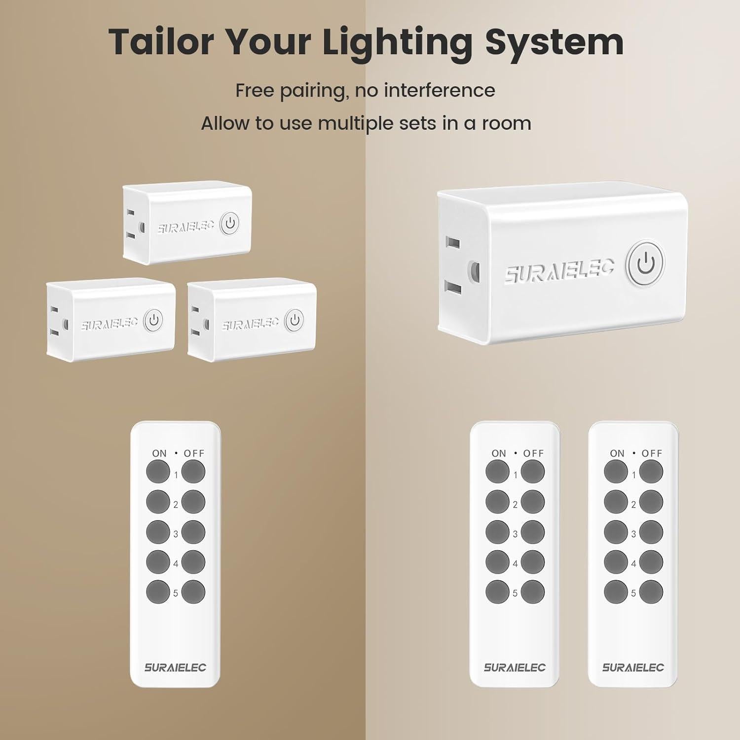 Kit Interruptor Enchufe Control Remoto SURAIELEC - 5 Enchufes, 2 Remotos, 15A