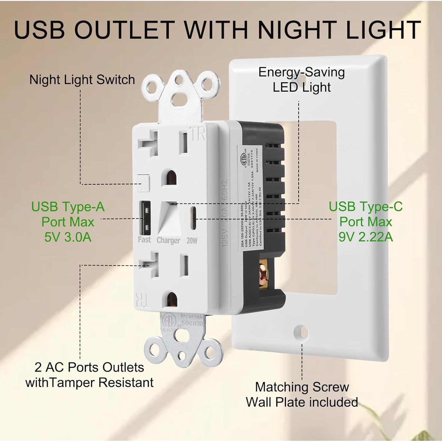 Toma de Corriente USB PD 20W Suplevel con Luz Nocturna LED