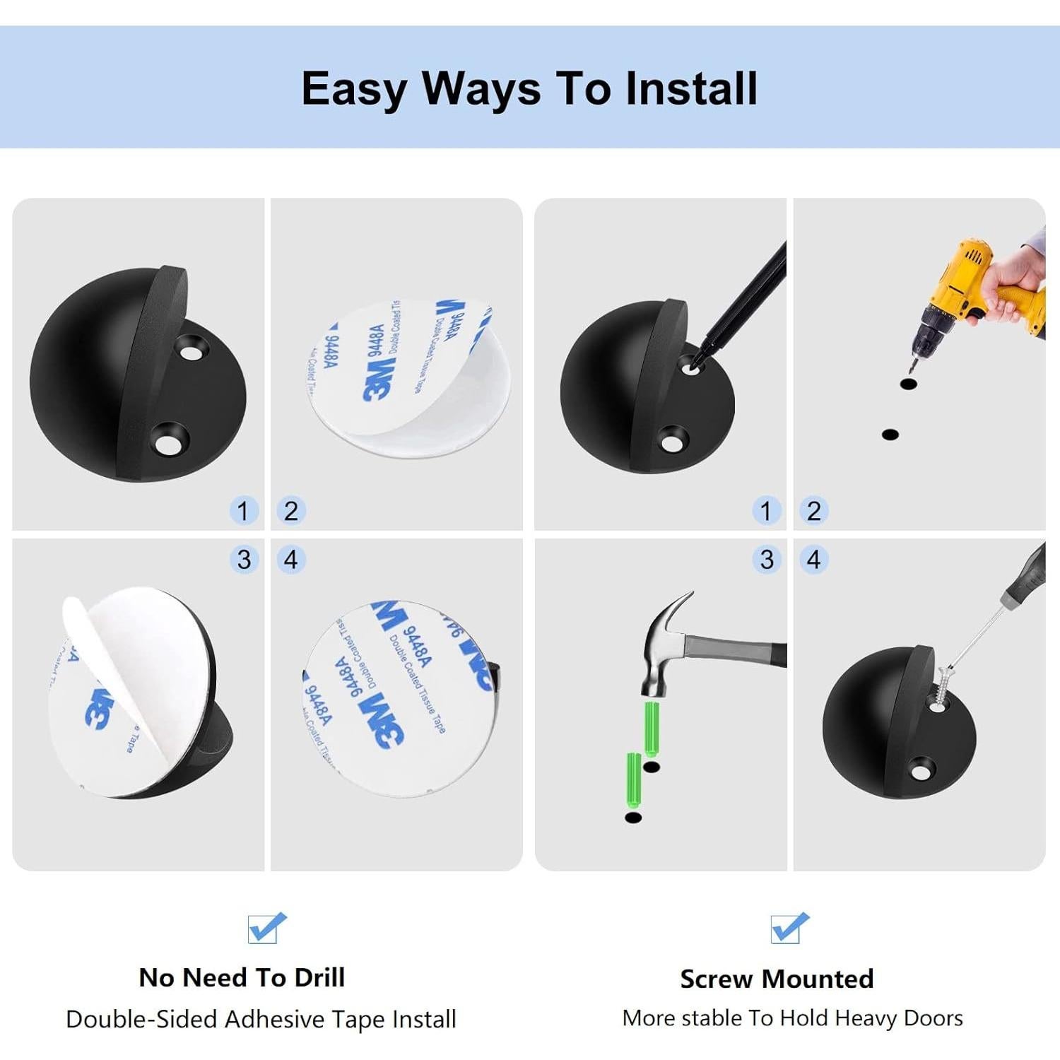 Topes de puerta Gudui negros, paquete de 4, sin taladrar