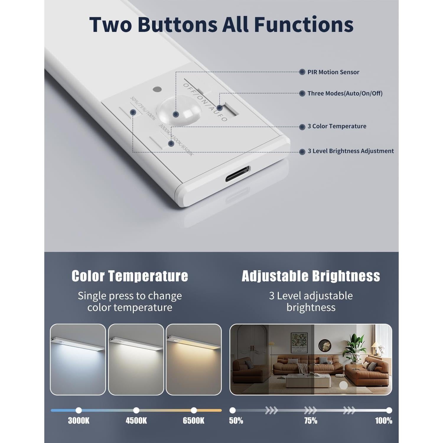 FBY Luz LED Bajo Gabinete 20cm Recargable USB con Sensor