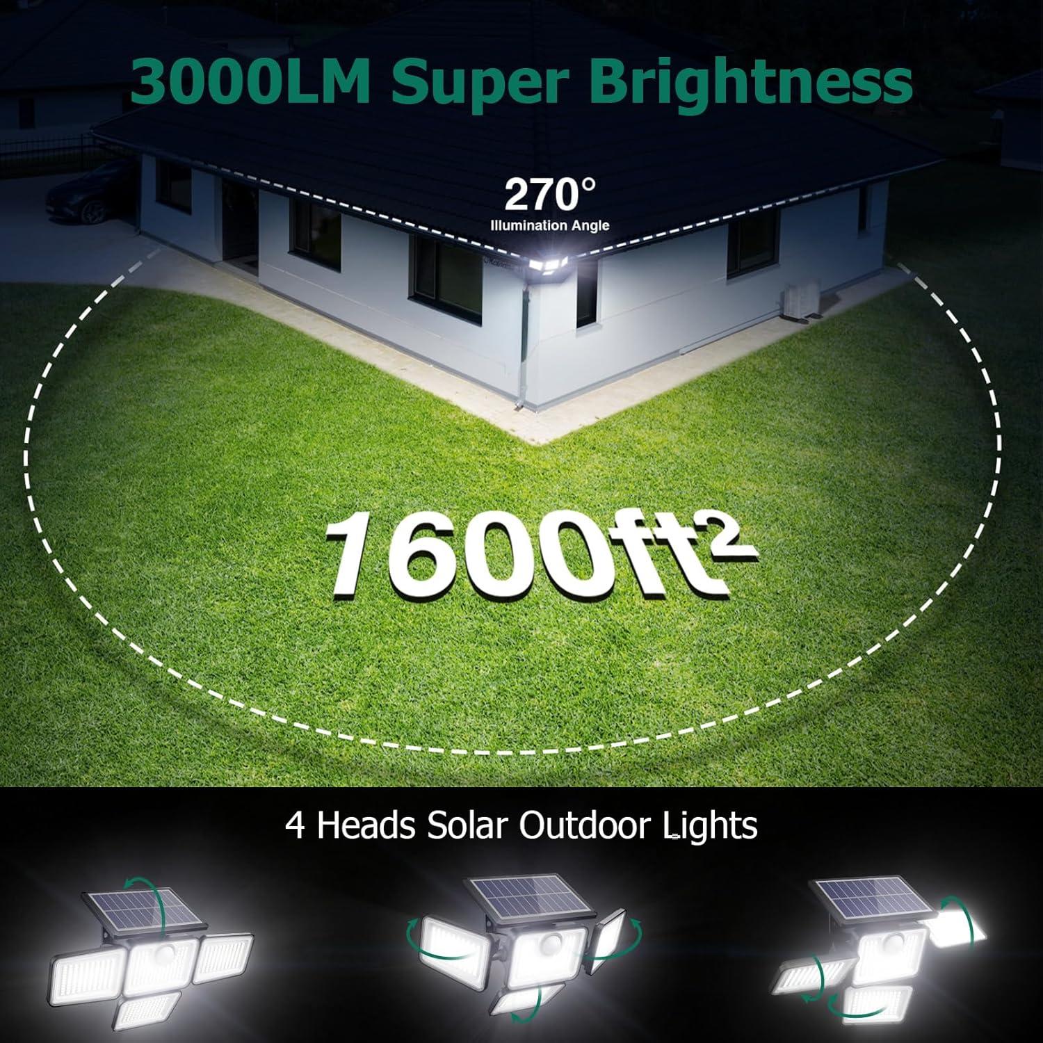 Luces Solares Exteriores 3000LM Omibee, 4 Cabezas Ajustables