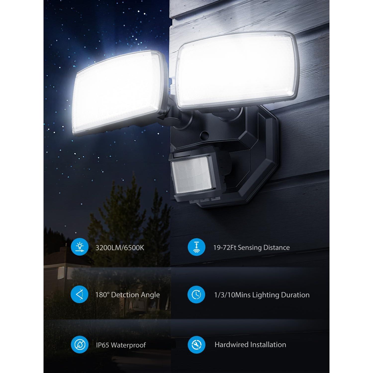 Luces Exteriores LED Onforu 32W Doble Cabeza Sensor Movimiento 3200LM