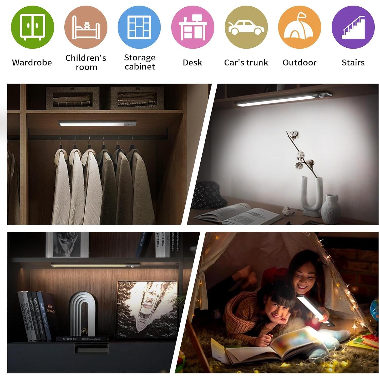 Luces Bajo Gabinete Luck Around, Paquete de 2, 76 LED, Sensor Movimiento, Recargables USB