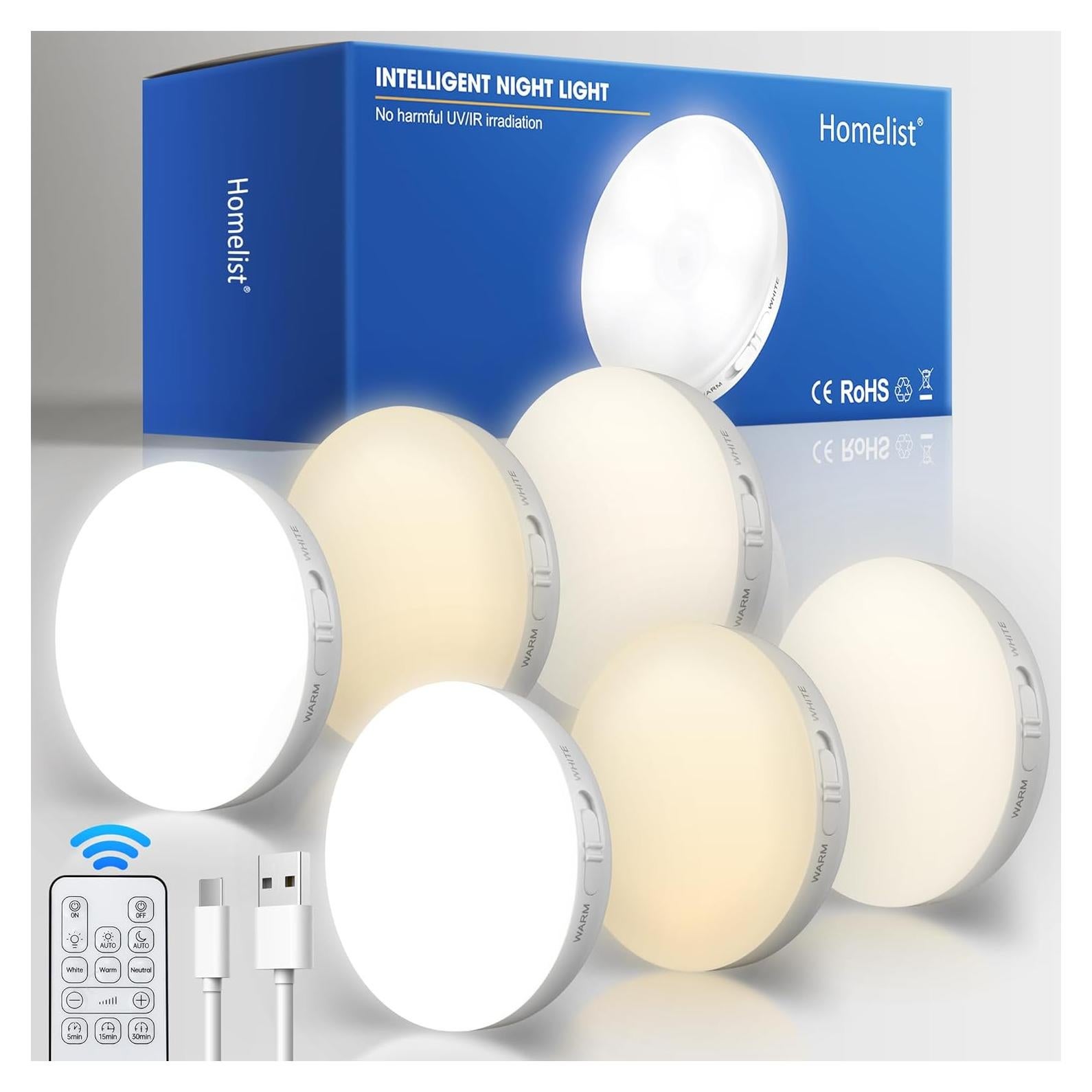 Luces Puck Homelist con Control Remoto - 6 Luces Nocturnas LED