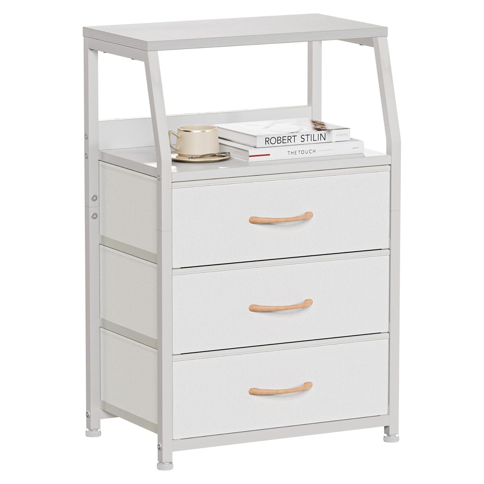 Mesita de Noche Furnulem Blanca con 3 Cajones y Estante Doble