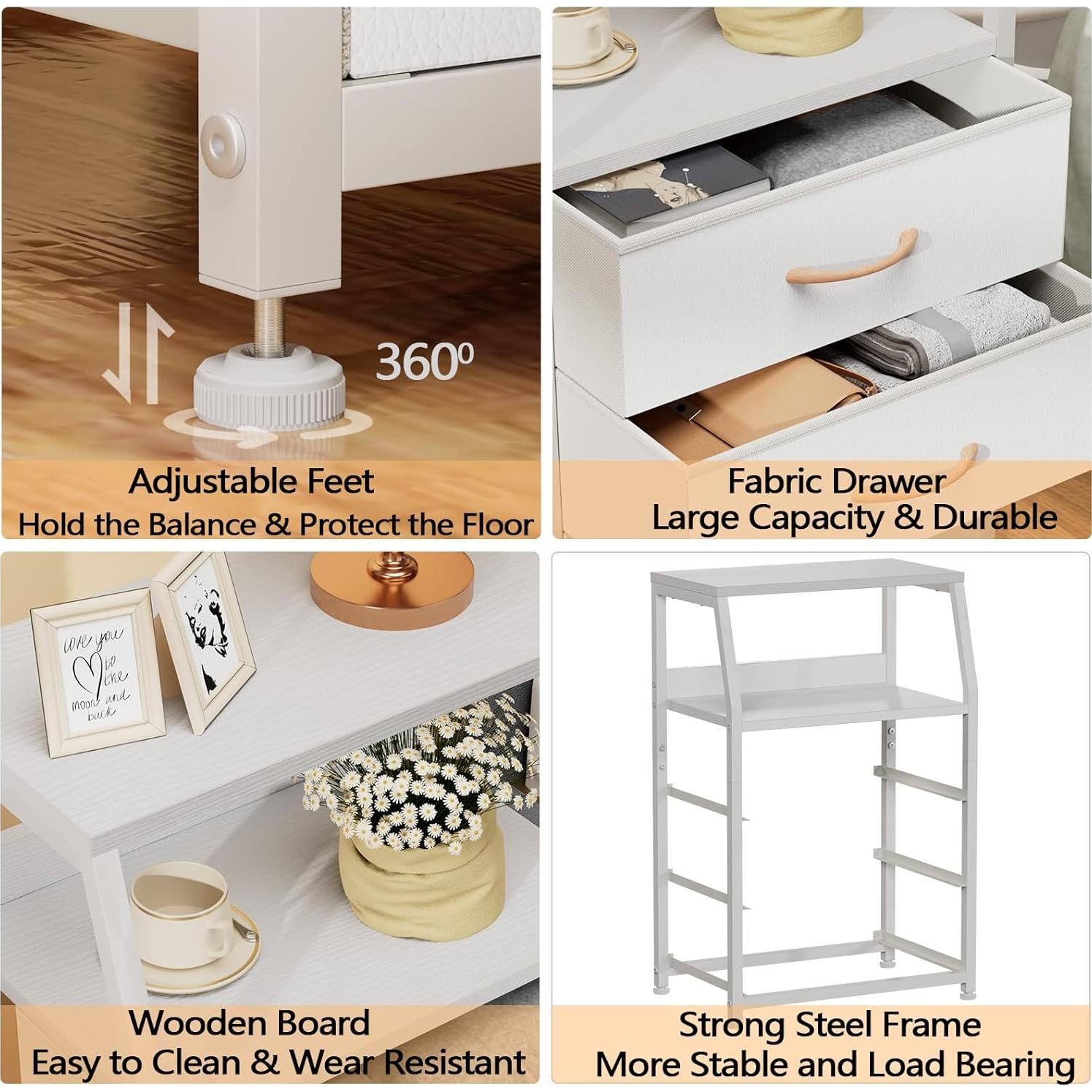 Mesita de Noche Furnulem Blanca con 3 Cajones y Estante Doble