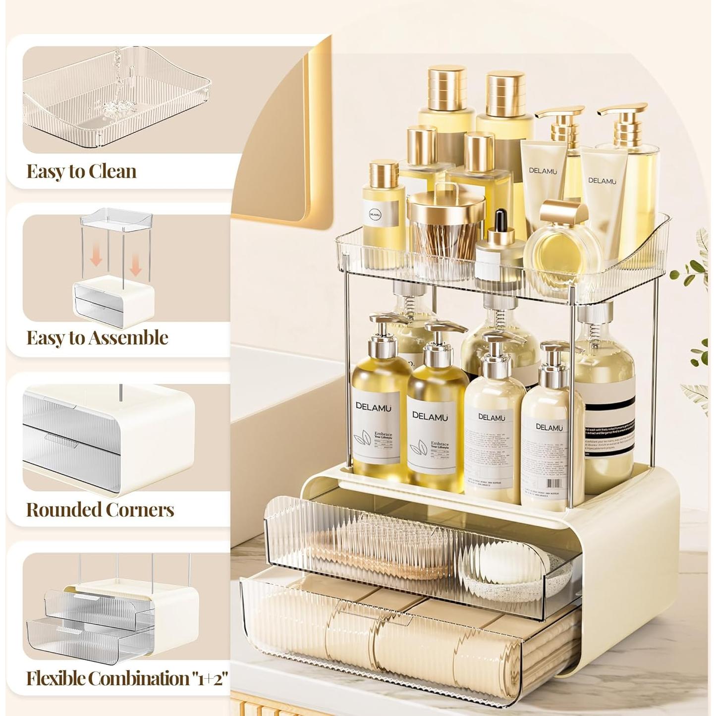 Organizador de Baño Delamu Blanco Crema con 2 Cajones y 4 Estantes