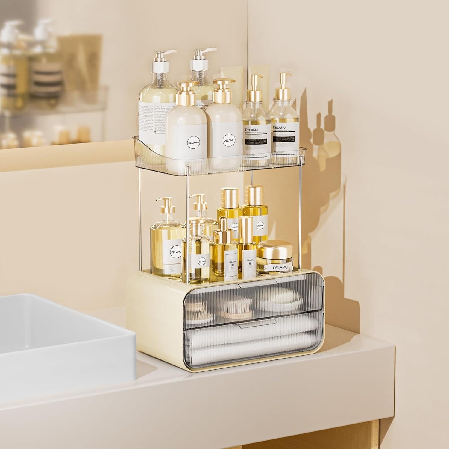 Organizador de Baño Delamu Blanco Crema con 2 Cajones y 4 Estantes