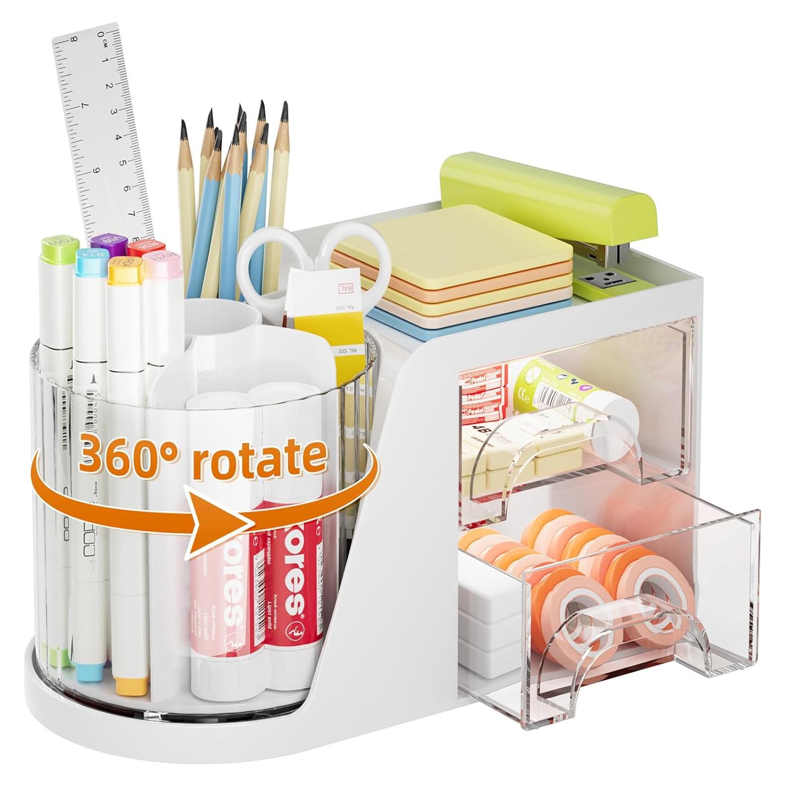 Organizador de Escritorio Marbrasse Blanco con 2 Cajones y Soporte Rotatorio