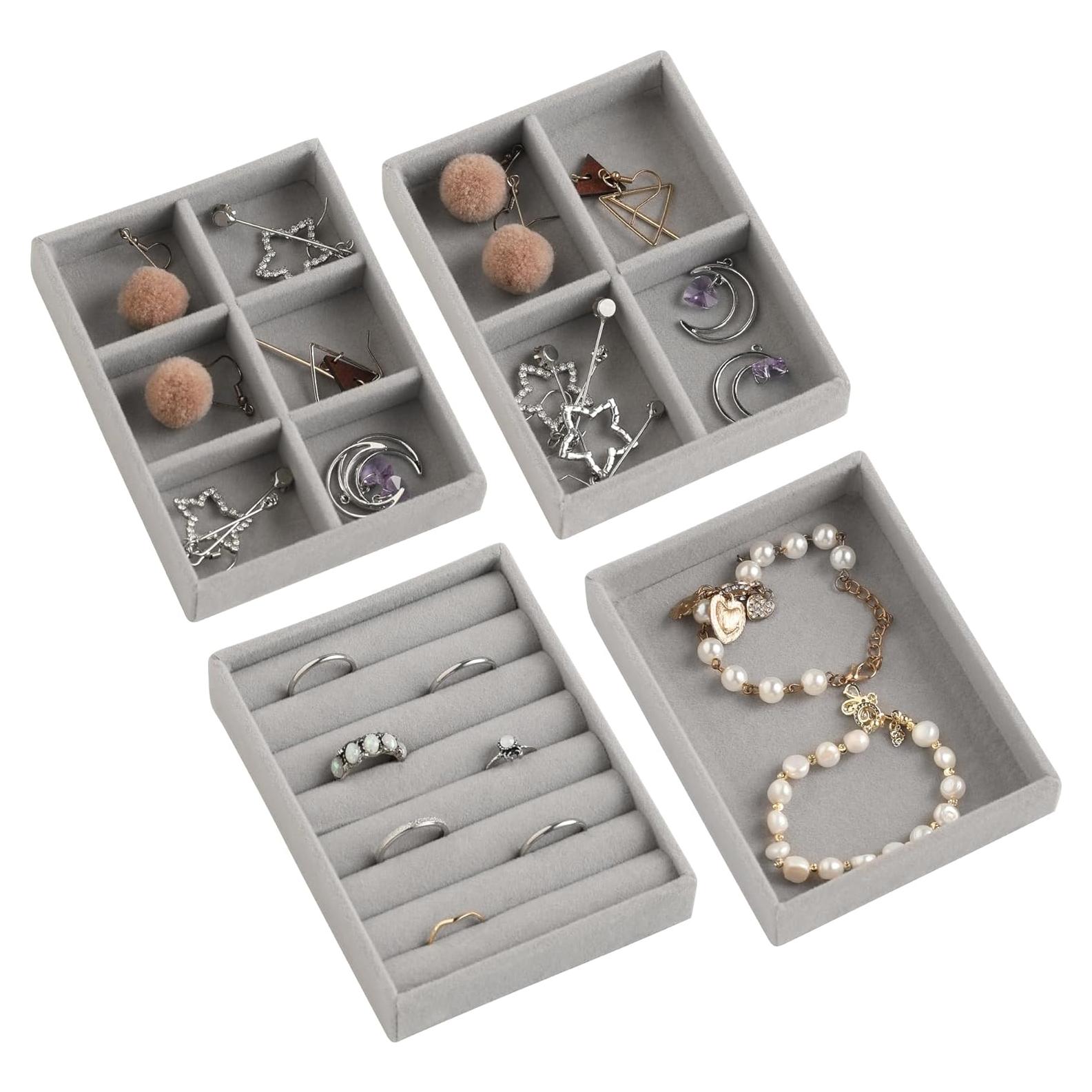 Conjunto de Bandejas de Joyería Frebeauty 4 Piezas Terciopelo Gris