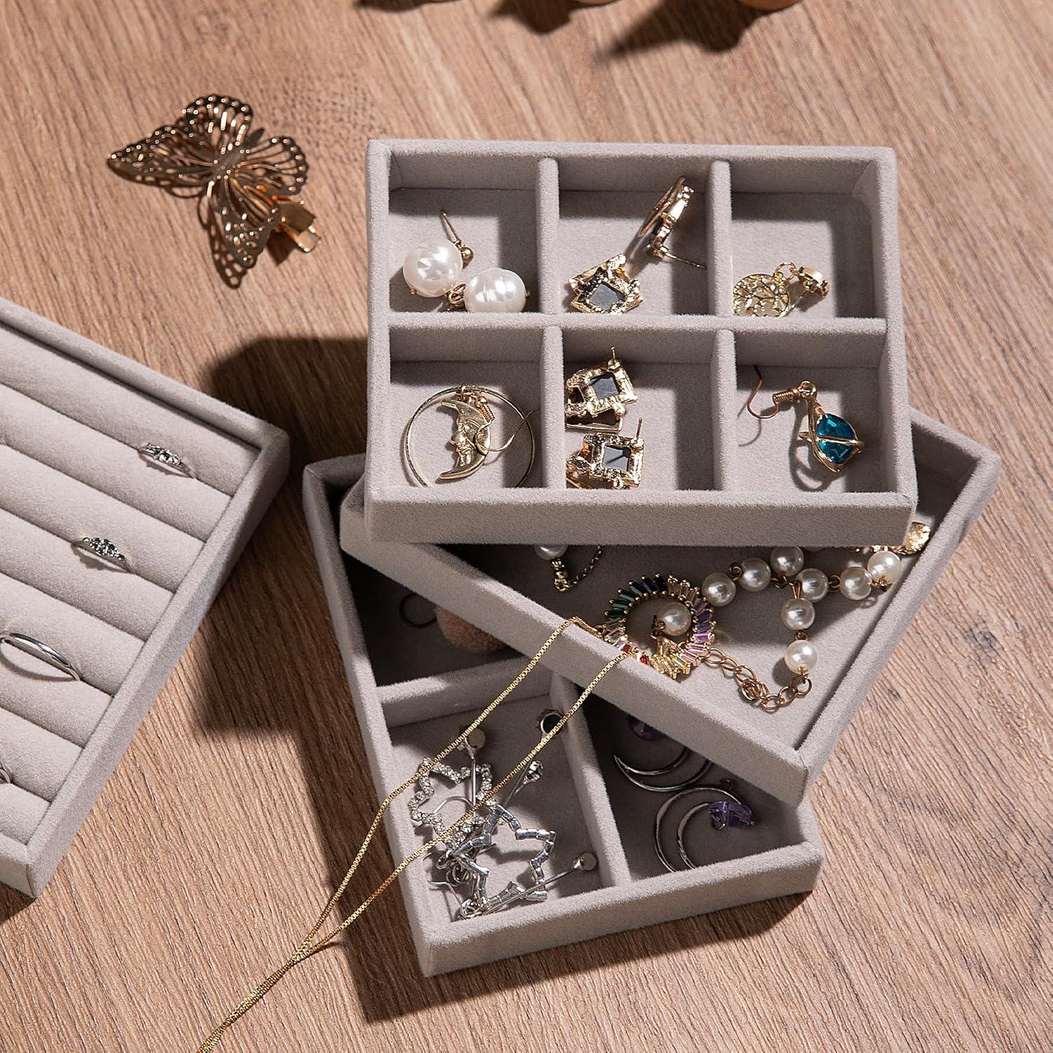 Conjunto de Bandejas de Joyería Frebeauty 4 Piezas Terciopelo Gris