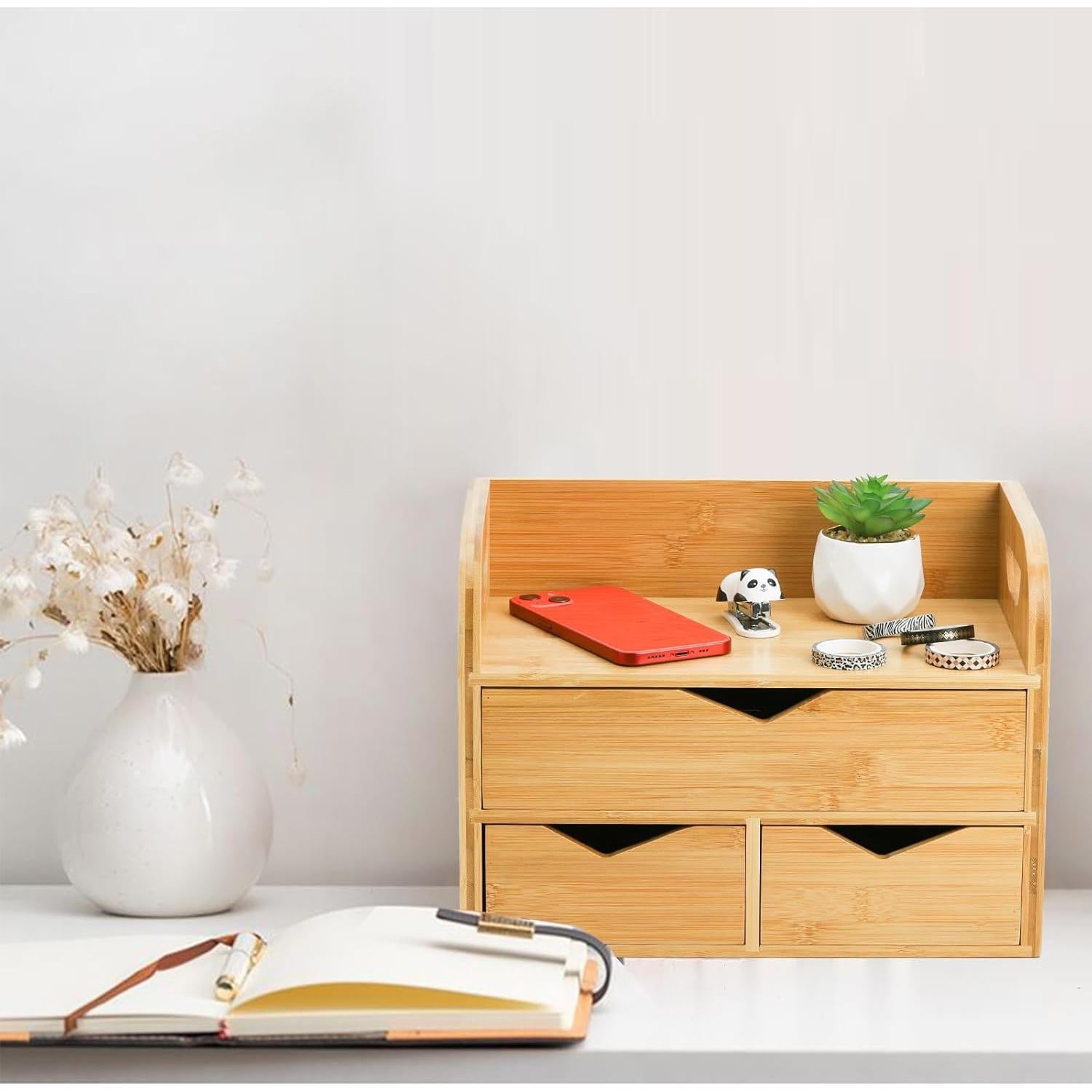 Organizador de escritorio Hacaroa de bambú 3 niveles 3 cajones