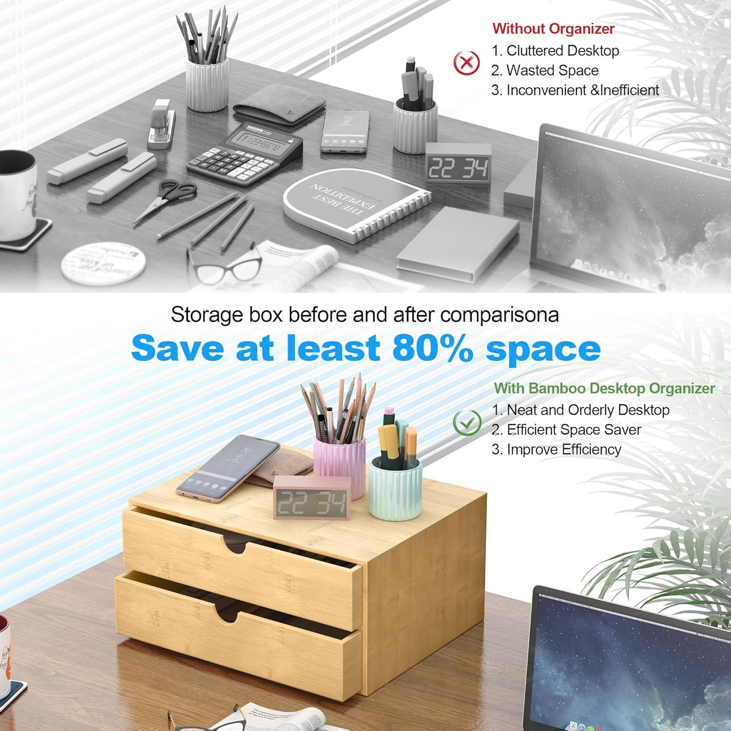 Organizador de Escritorio de Bambú Wisuce con 2 Cajones