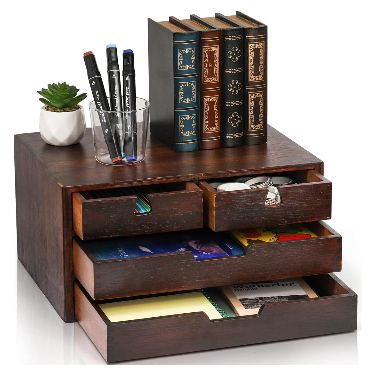 Organizador de Escritorio DEAYOU de Bambú Natural con 4 Cajones