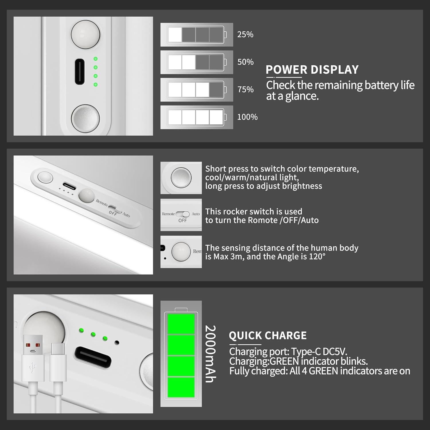 Luces LED Bajo Gabinete MEKKLEON 30cm Inalámbricas con Control Remoto