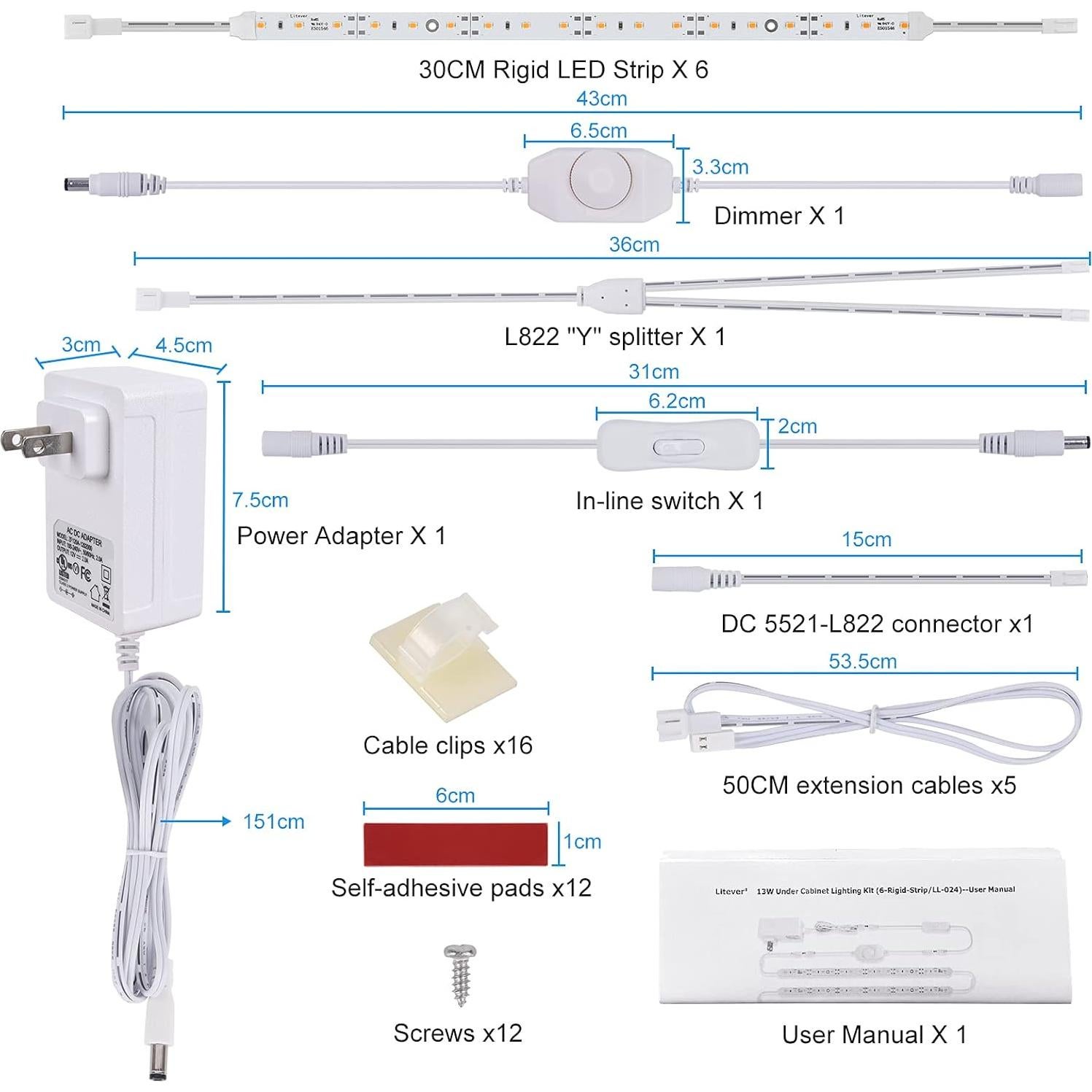 Kit de Iluminación LED Bajo Gabinete 6 PCS 30 cm Blanco Cálido