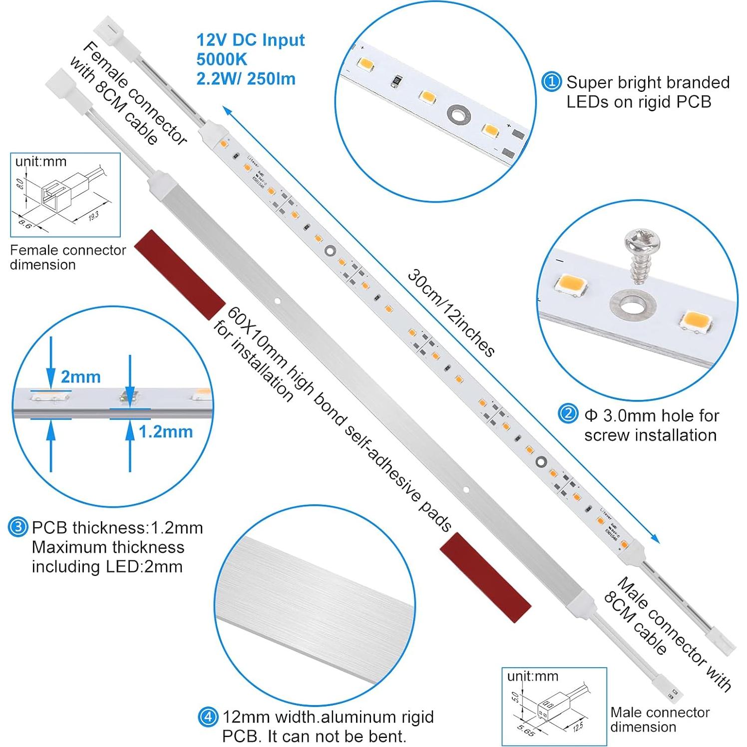 Kit de Iluminación LED Bajo Gabinete 6 PCS 30 cm Blanco Cálido
