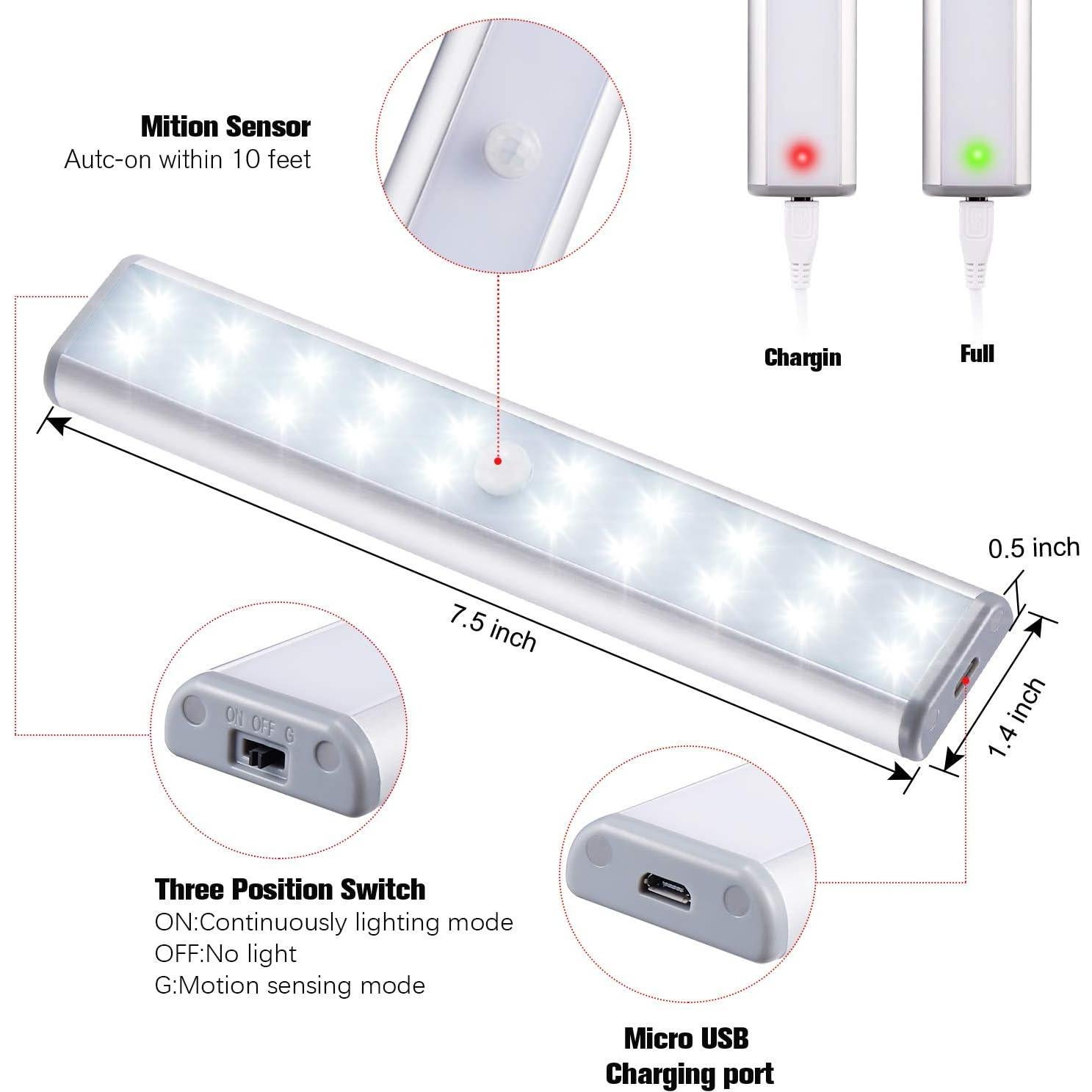 Luces de Gabinete LEPOTEC 20 LED Recargables USB con Sensor