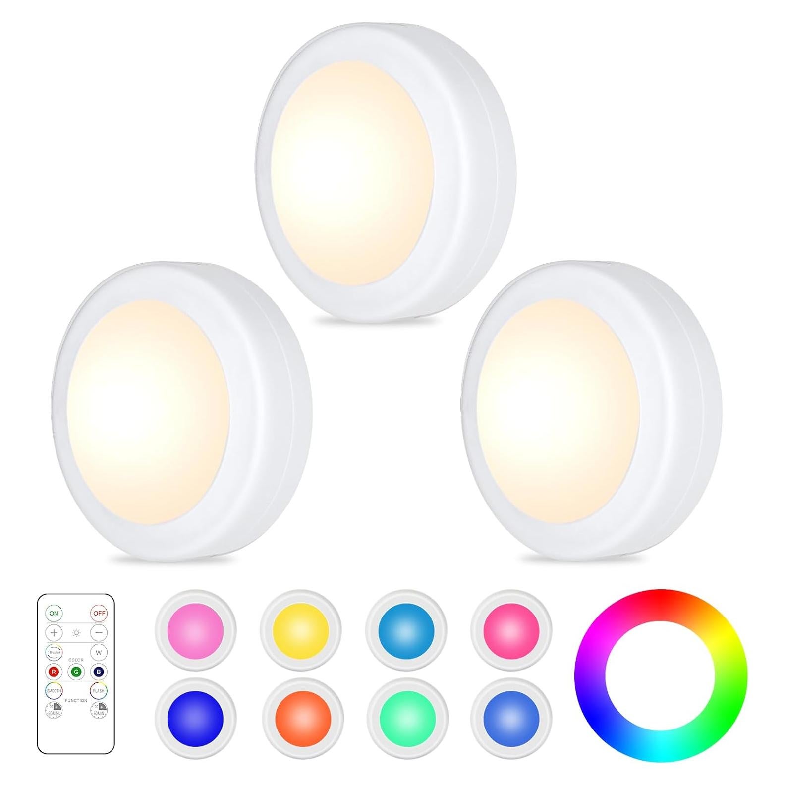 Luces LED Puck Yiliaw 3 Paquetes Control Remoto 16 Colores