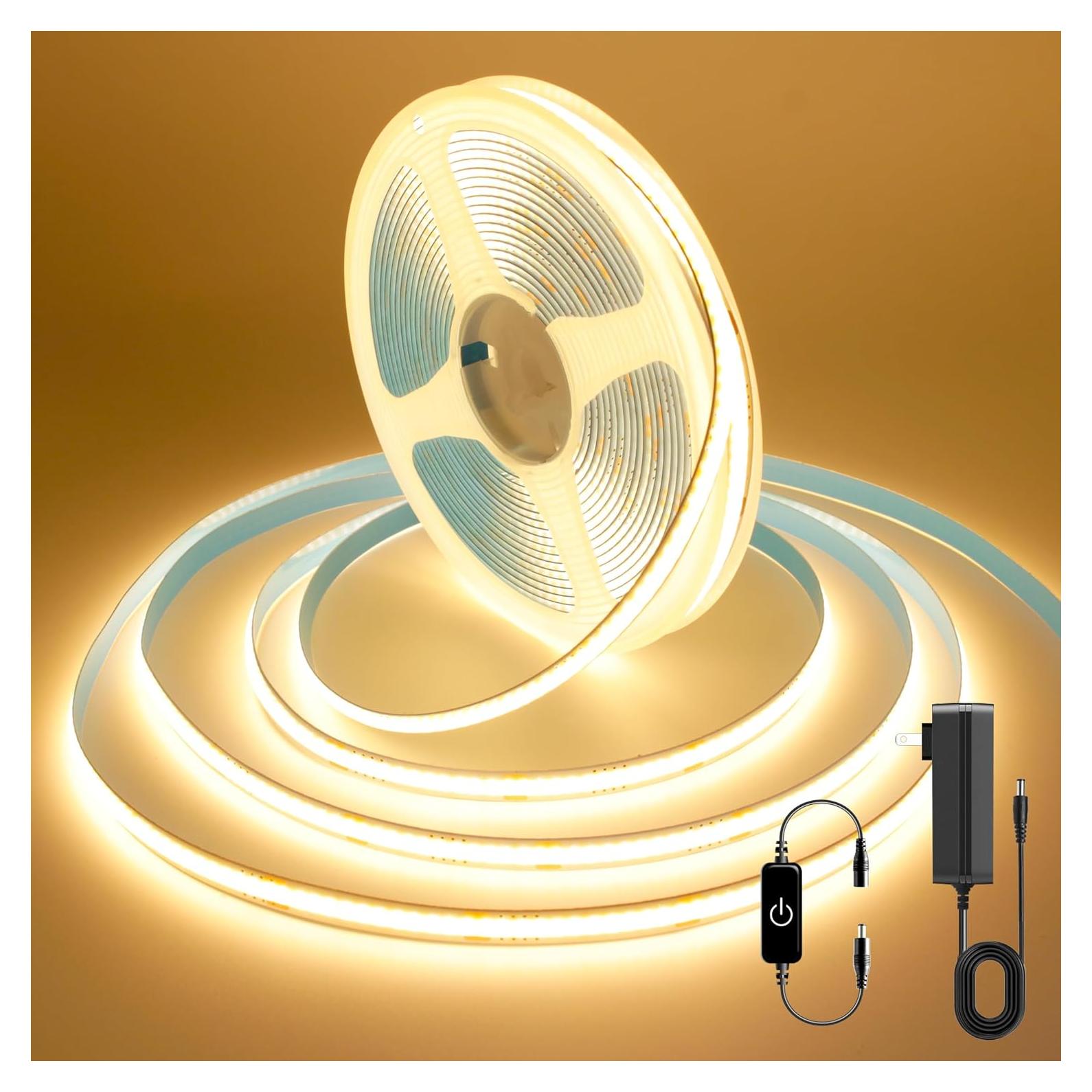 COB LED Strip, 16.4ft Warm White COB LED Strip Light, Dimmable LED Light Strip 2700K, CRI92+, 8mm Width, 24V Flexible LED Tape Light for TV, Bedroom, Kitchen Cabinet, Closet, Home Decoration.