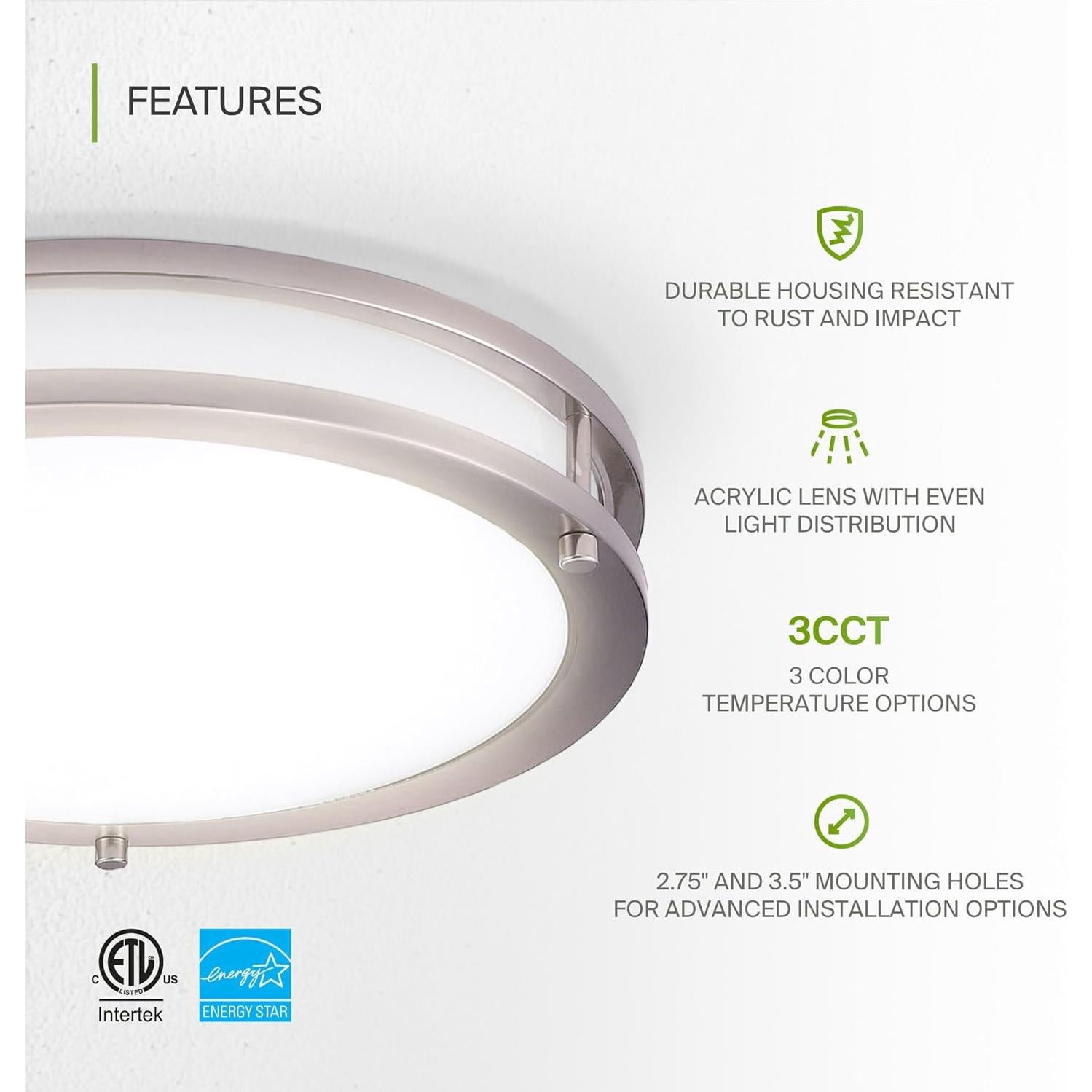 ASD LED 16 Inch Round Flush Mount Light Fixture | 24W 1900LM 3000K-5000K 120V | 3CCT, Dimmable, Energy Star, ETL Listed | Close to Ceiling Double Ring Lamp, Low Profile Lighting | Nickel