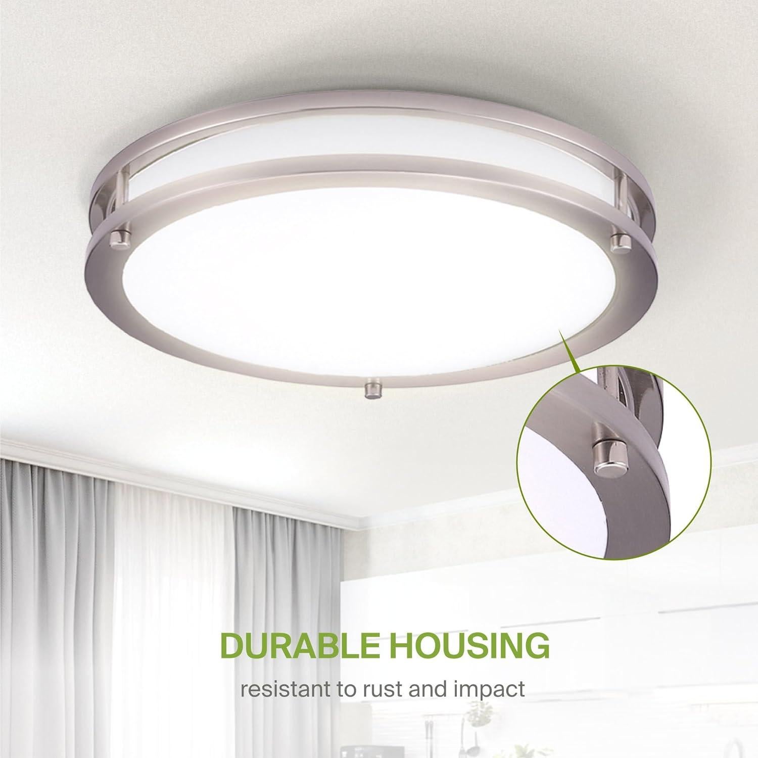 ASD LED 16 Inch Round Flush Mount Light Fixture | 24W 1900LM 3000K-5000K 120V | 3CCT, Dimmable, Energy Star, ETL Listed | Close to Ceiling Double Ring Lamp, Low Profile Lighting | Nickel