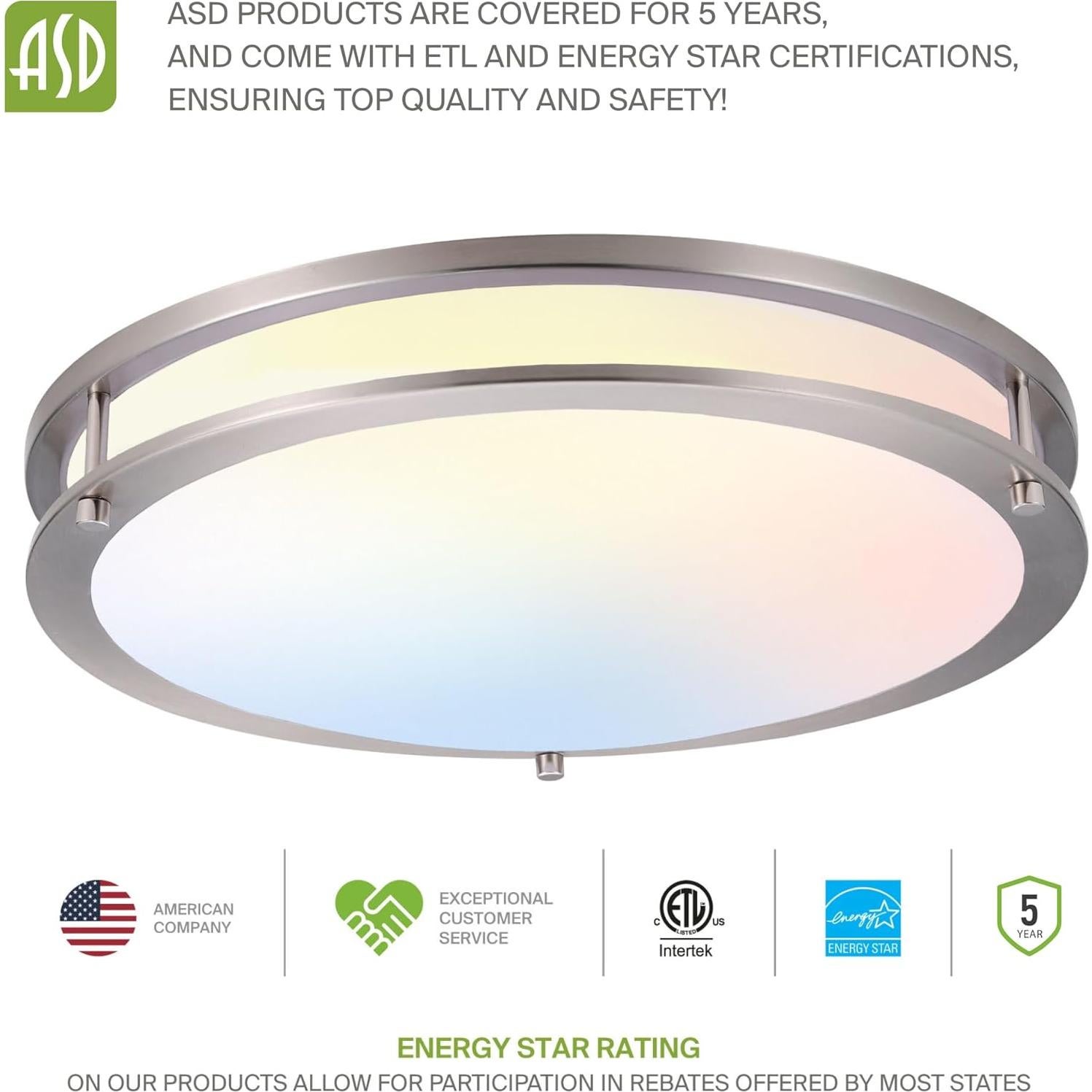 ASD LED 16 Inch Round Flush Mount Light Fixture | 24W 1900LM 3000K-5000K 120V | 3CCT, Dimmable, Energy Star, ETL Listed | Close to Ceiling Double Ring Lamp, Low Profile Lighting | Nickel