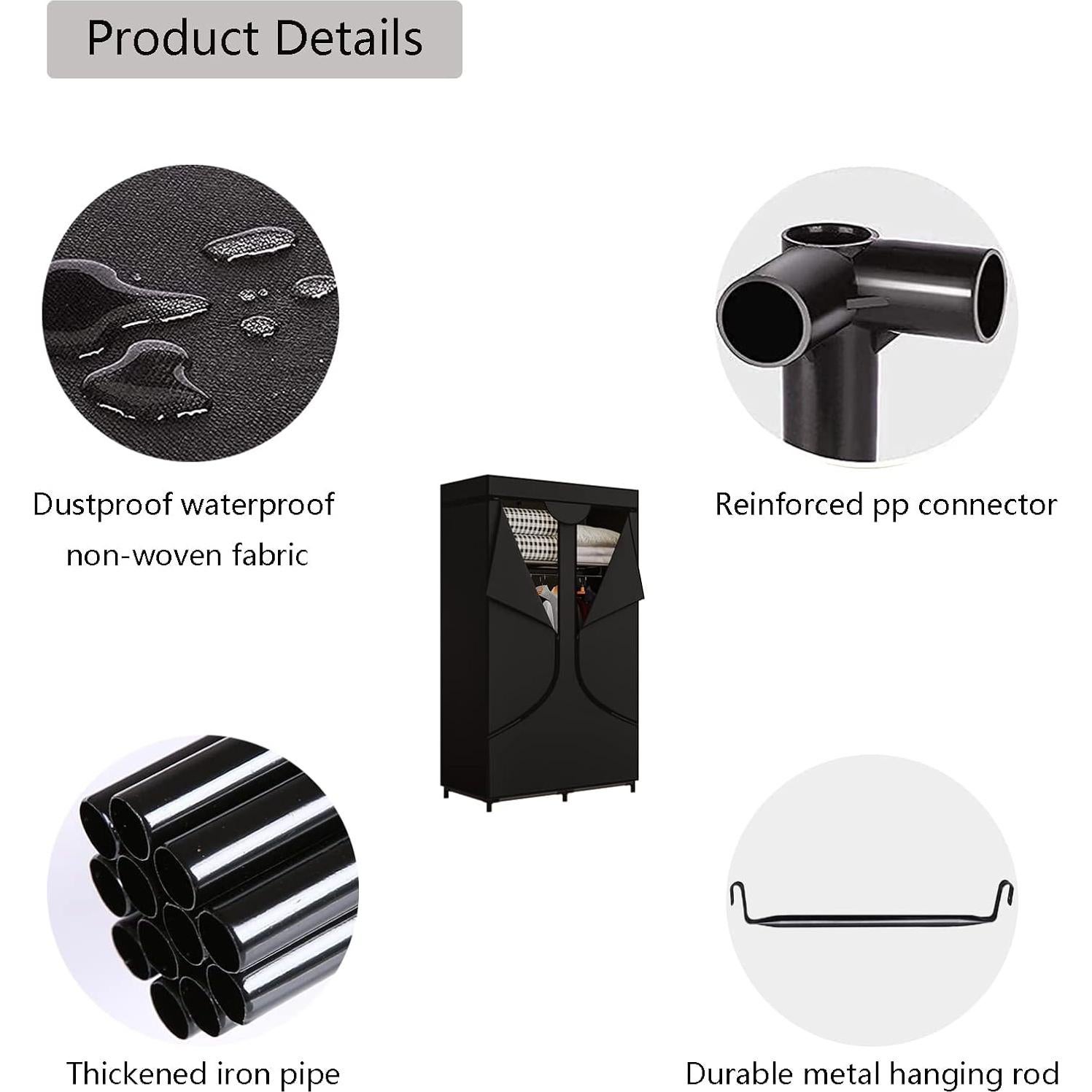 SORCEDAS Portable Wardrobe Closet Storage Organizer Metal Hanging Rack Non-Woven Fabric 34 Inch Black