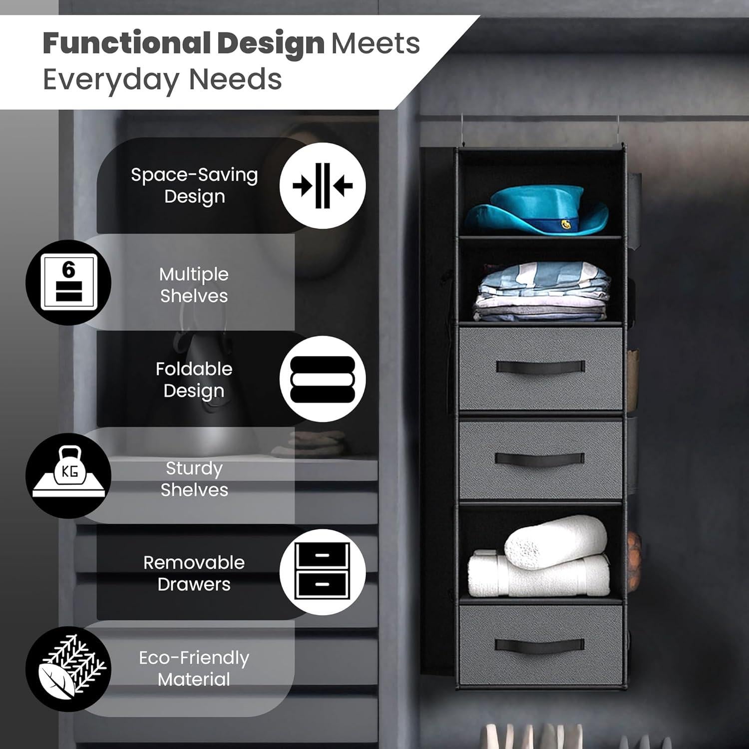 Organizador de Closet Colgante Abritex 6 Estantes y 3 Cajones Gris