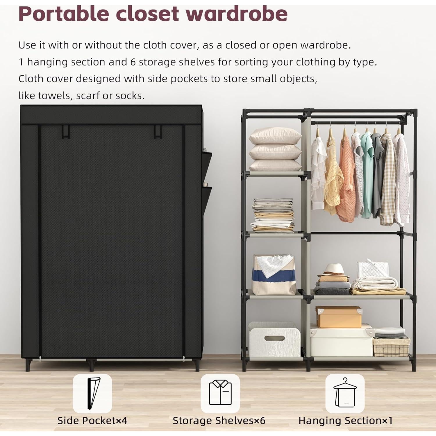 Organizador de Closet Portátil Calmootey 6 Estantes y Barra Colgante