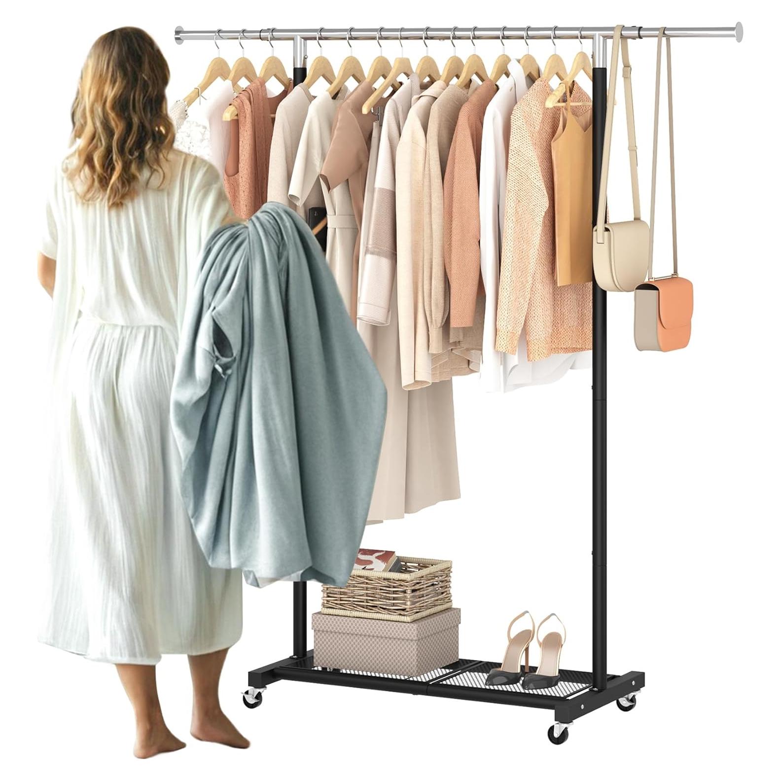 Perchero Rodante JIUYOTREE con Estante de Malla Negro Ajustable