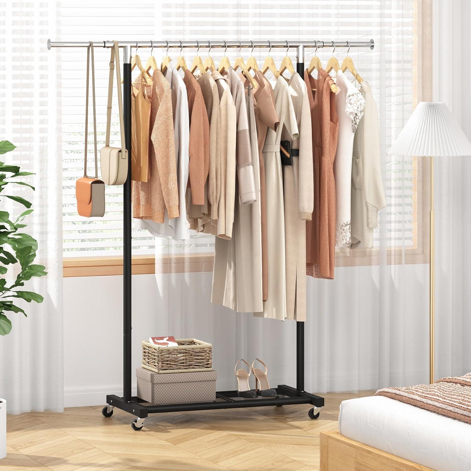 Perchero Rodante JIUYOTREE con Estante de Malla Negro Ajustable