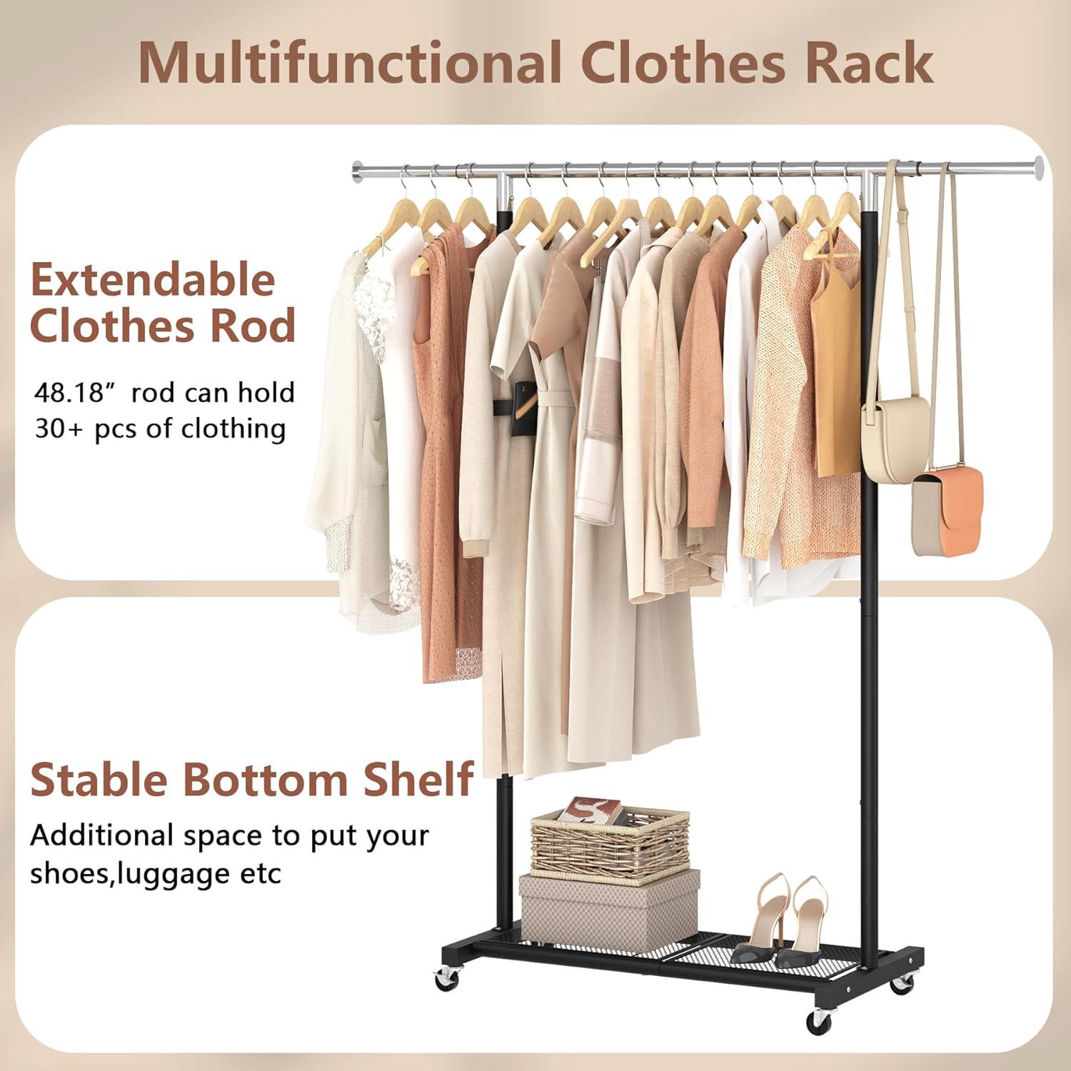 Perchero Rodante JIUYOTREE con Estante de Malla Negro Ajustable