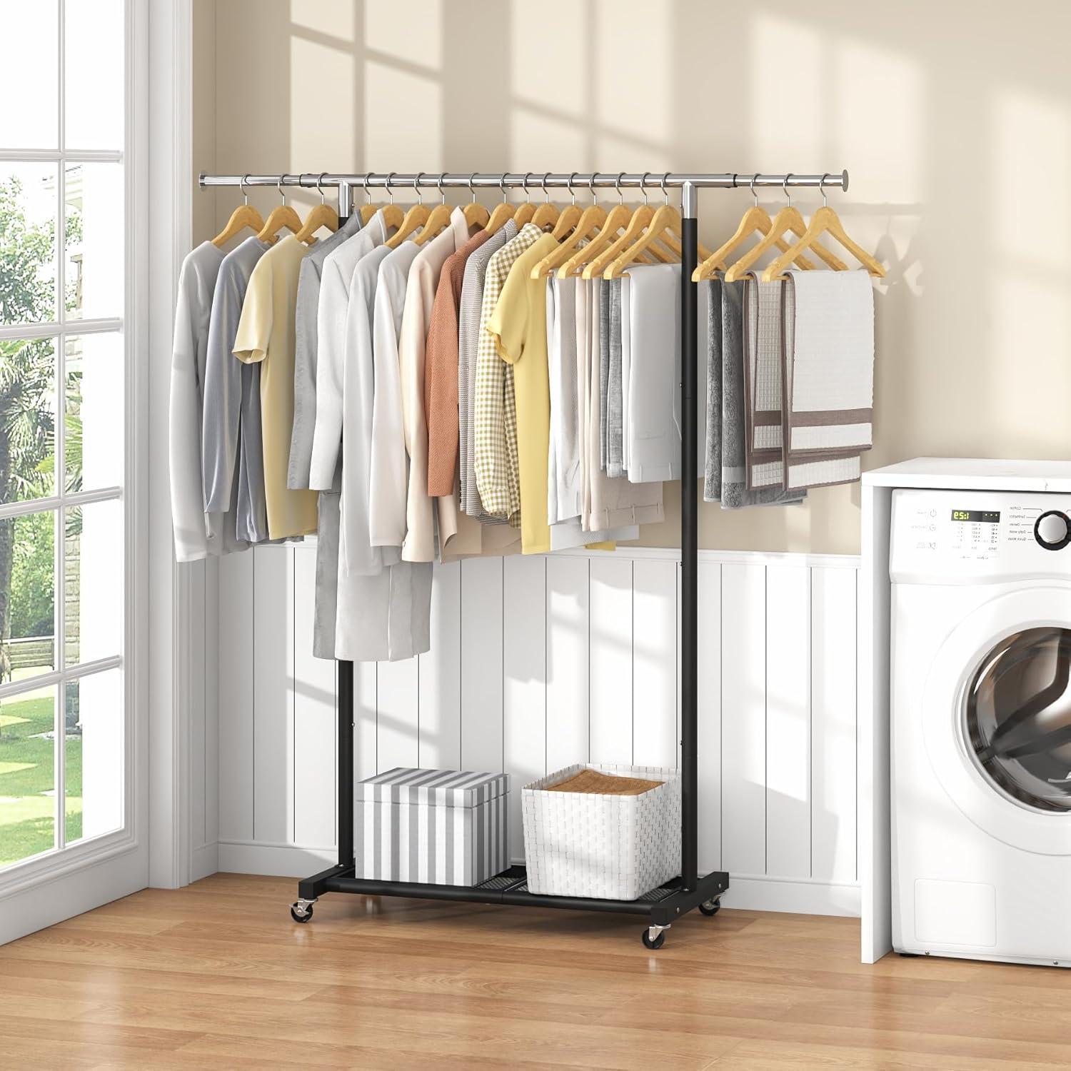 Perchero Rodante JIUYOTREE con Estante de Malla Negro Ajustable